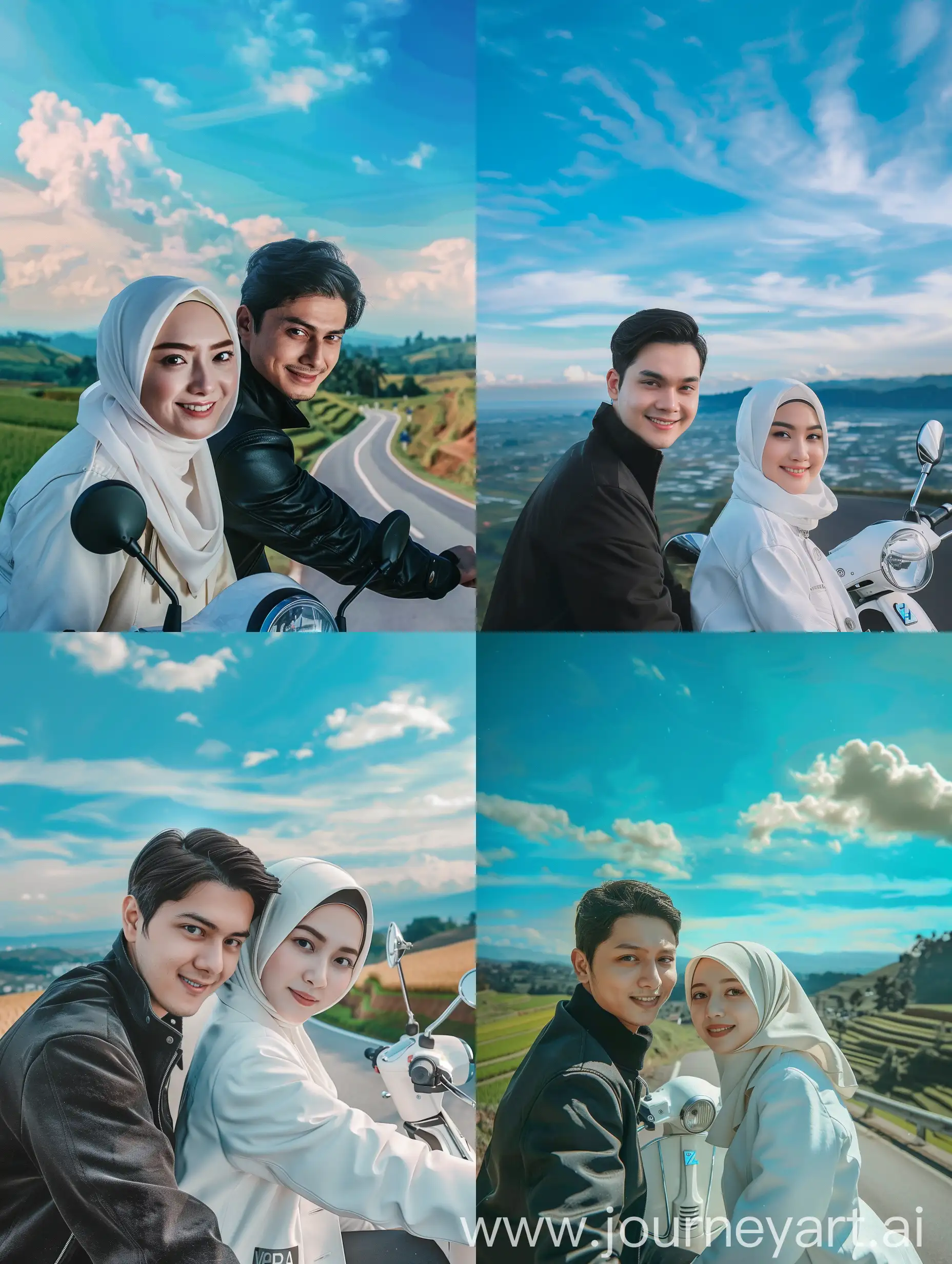 (8K, RAW Photo, Photography, Photorealistic, Realistic, Highest Quality, Intricate Detail), Medium photo of 25 year old Indonesian man, fit, ideal body, oval face, white skin, natural skin, medium hair, wearing a black jacket side by side with a 25 year old Indonesian woman wearing a white hijab, wearing a white jacket, they are smiling facing the camera, her eyes are looking at the camera, the corners of her eyes are at the same level as she is on a Vespa motorbike sitting on a motorbike on the back road with a beautiful view of rice fields and white clouds. Beautiful blue sky at noon day