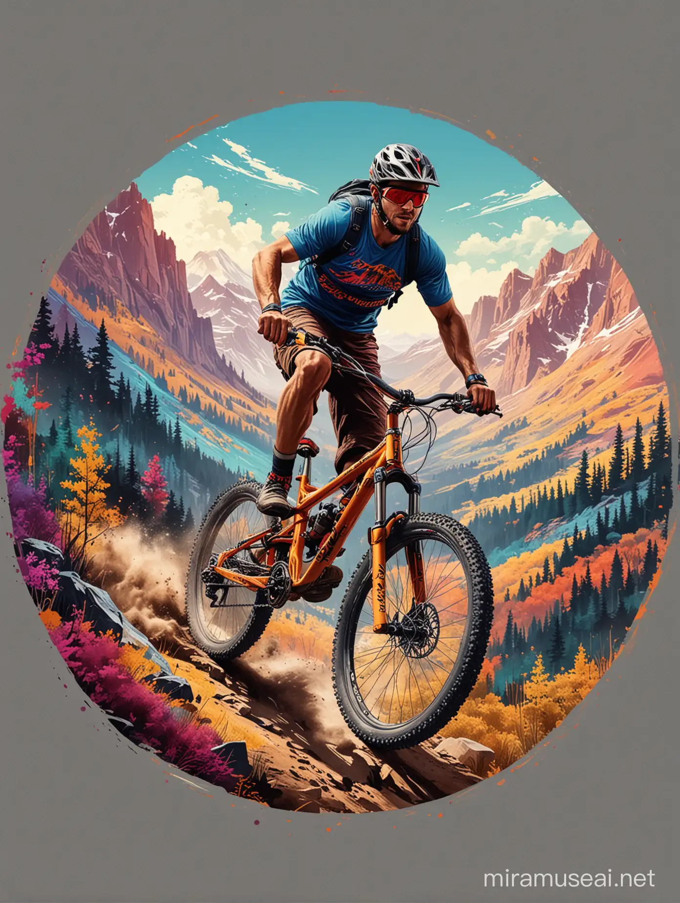 Thrilling Mountain Bike Rider TShirt Design Circular Colorful Artwork at 300dpi