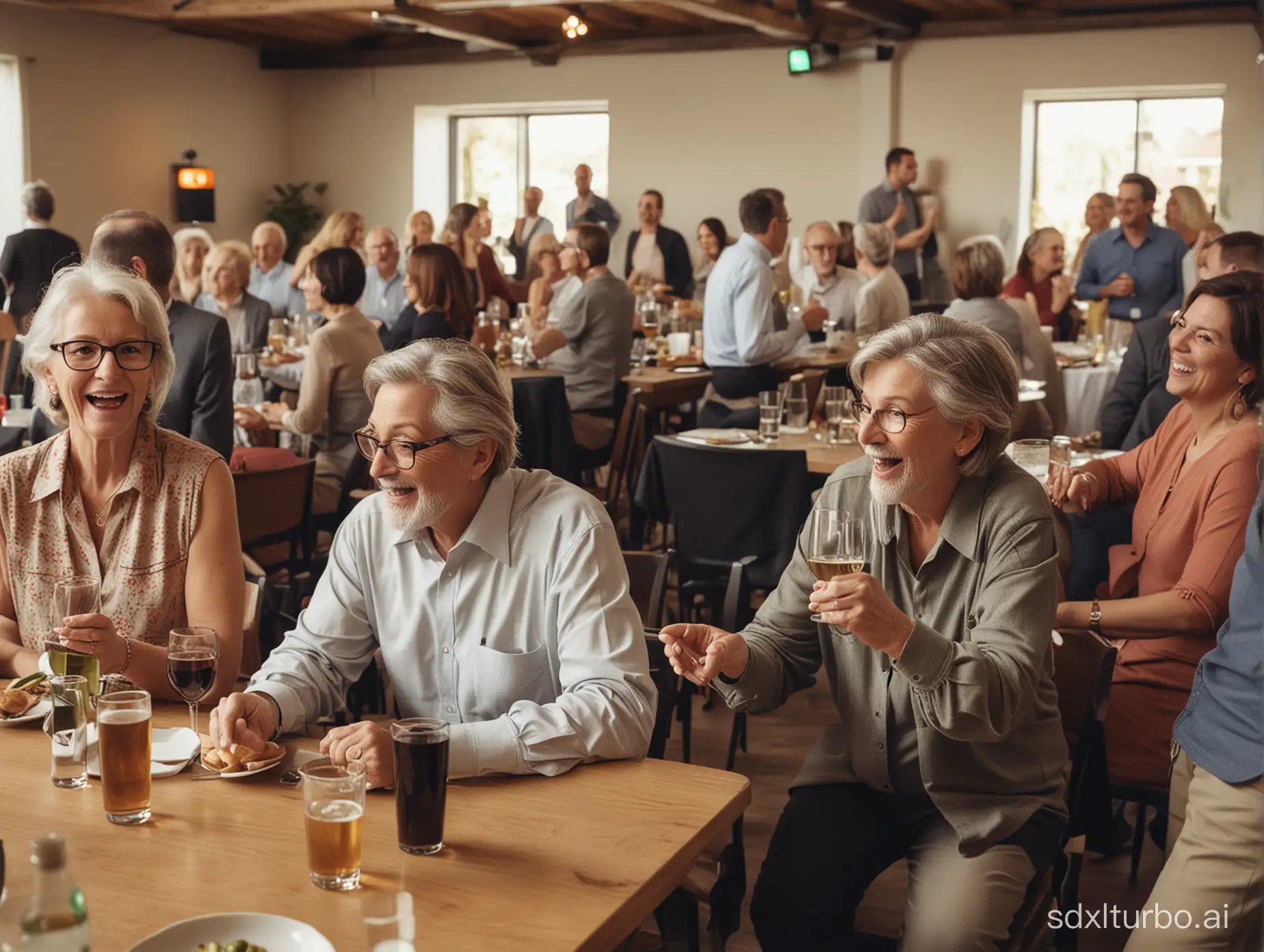 employee party with people over 50, at tables, who have drinks without food in front of them, listening to a speaker