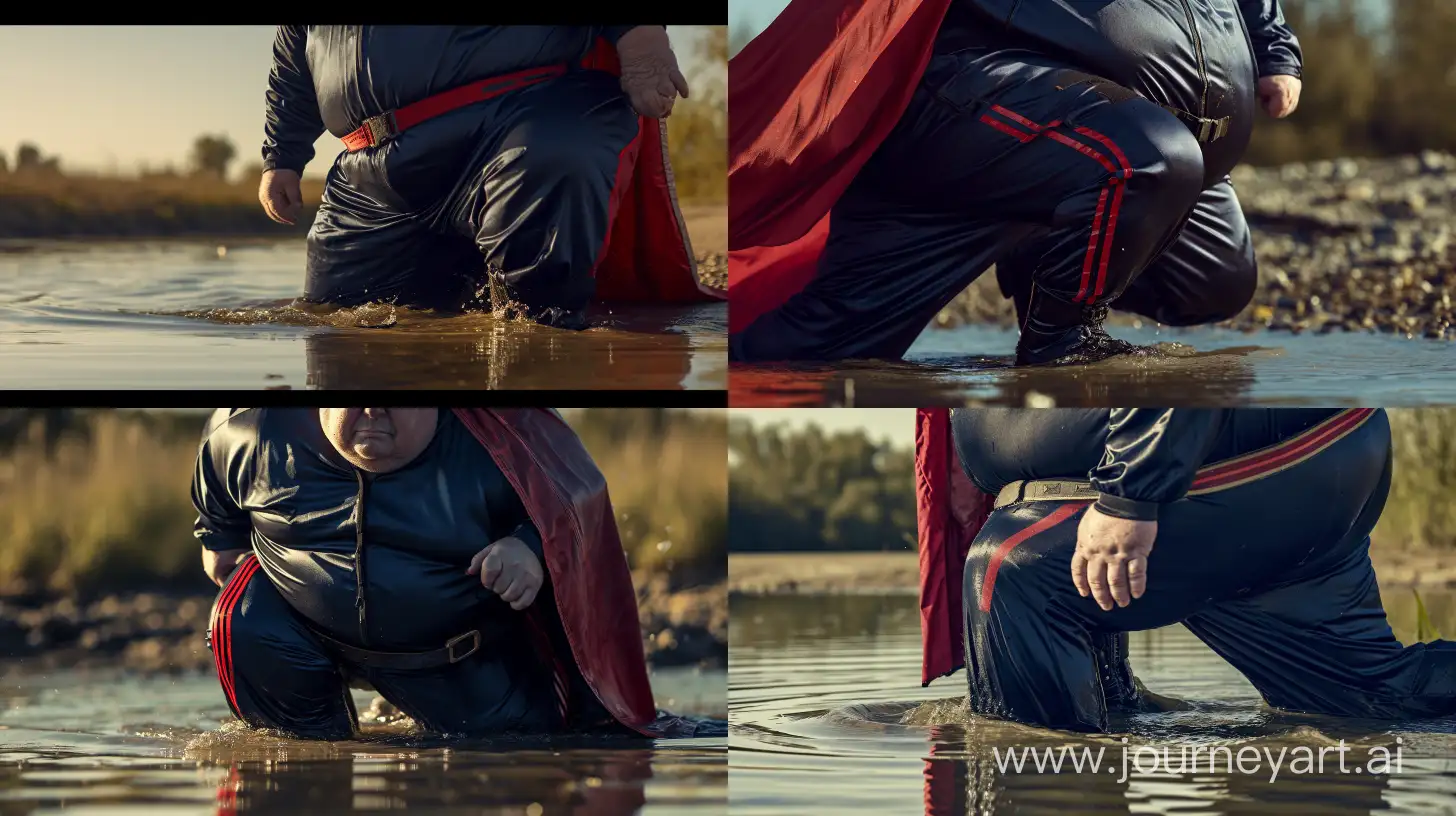 Portrait close-up photo centered on the chest of a chubby man aged 70 wearing a silky navy tracksuit. Red vertical stripe on the side of the pants. He has a black tactical belt. He has a big and long red leather cape. Black Hiking Boots. He is crawling in the water. Direct Sunlight. Bald. Clean Shaven. Outside. --style raw --ar 16:9 --v 6