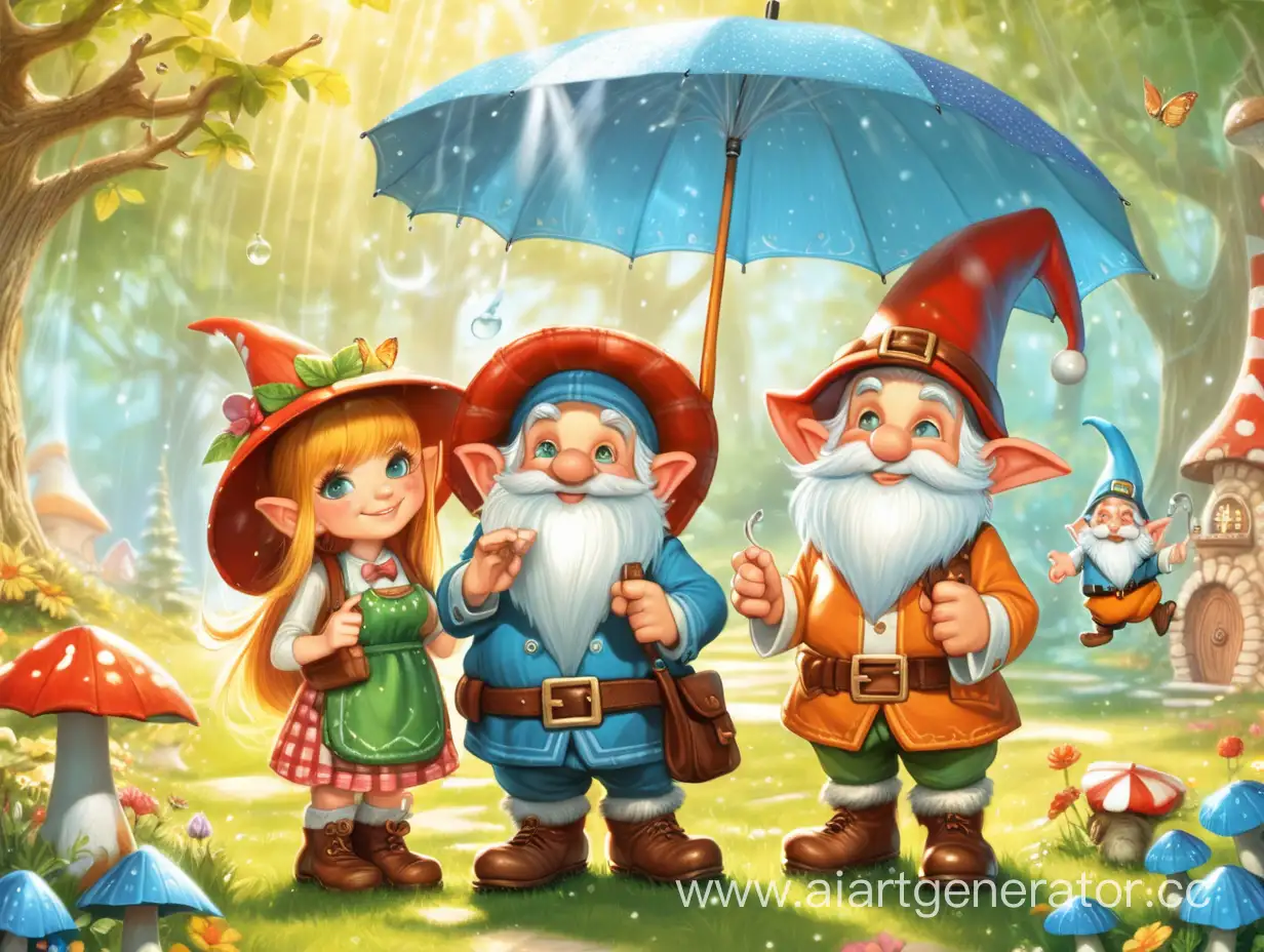 1 girl, 1 man, 2 gnomes under magic umbrella in sunny wonderland, all are happy