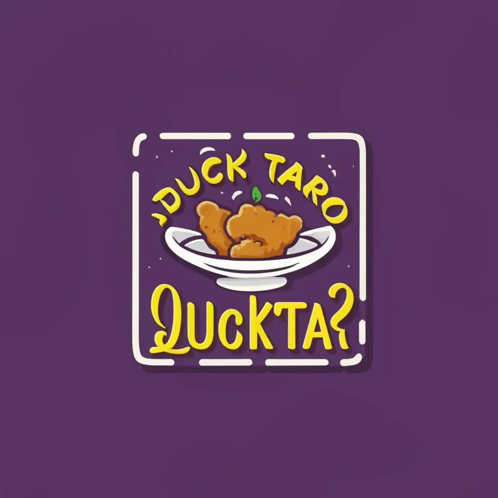 logo, fried food, square food, duck meat coated with taro then fried in breadcrumbs, duck, purple, with the text "quacktar", typography