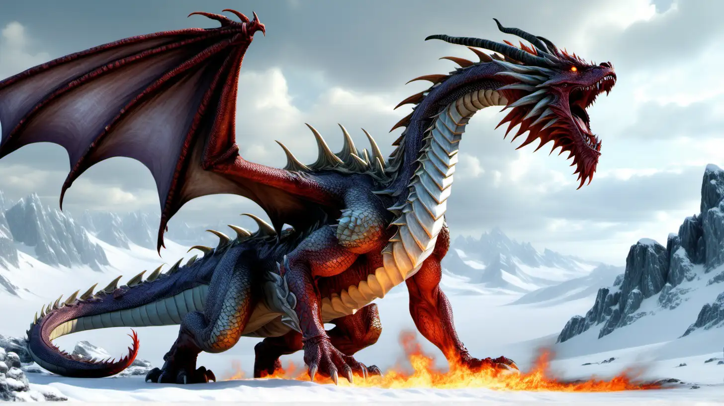 A giant dragon sitting in a snow-covered landscape, breathing fire.