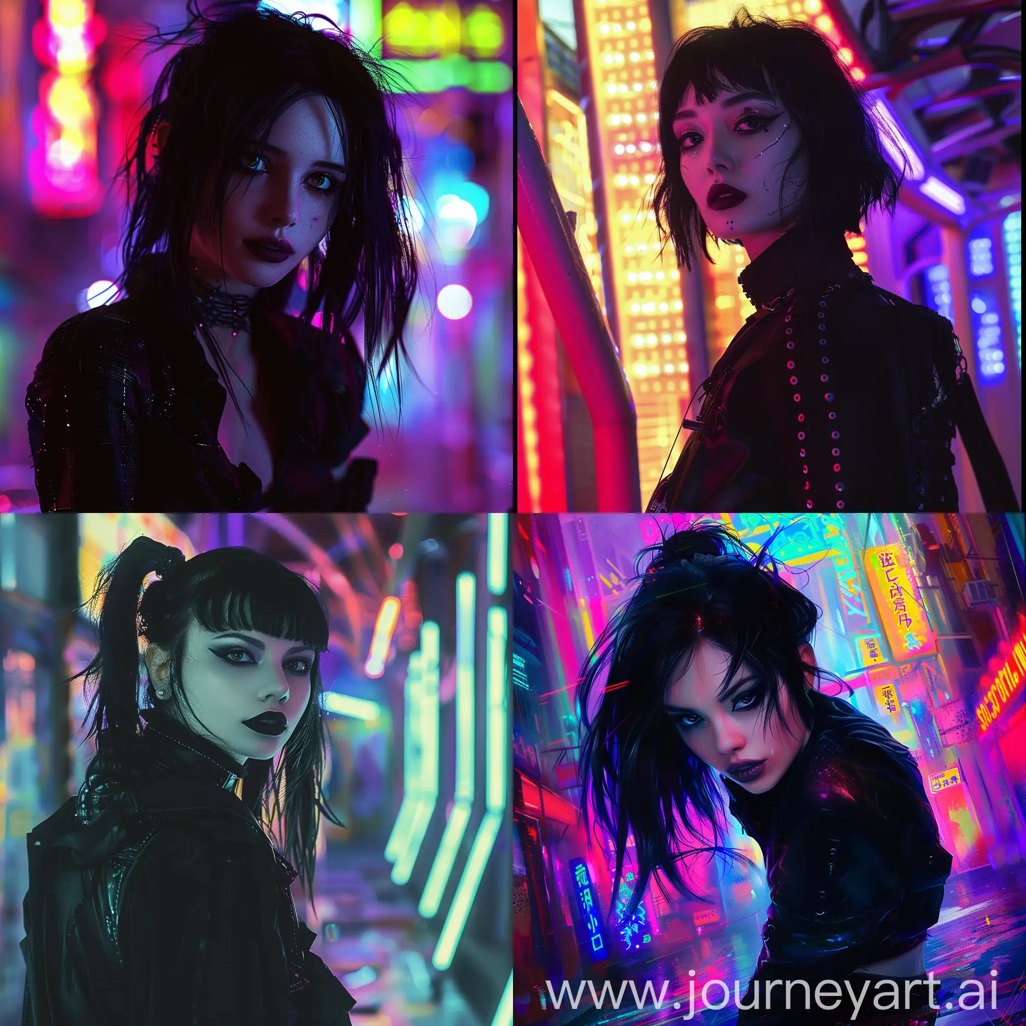 In a dystopian future, a beautiful, smart, and stubborn woman navigates a neon-lit, industrial world. a young woman with black hair in black clothes, dark lipstick and a sly light smile, combining elements of cyberpunk and fantasy. bright, multi-colored background