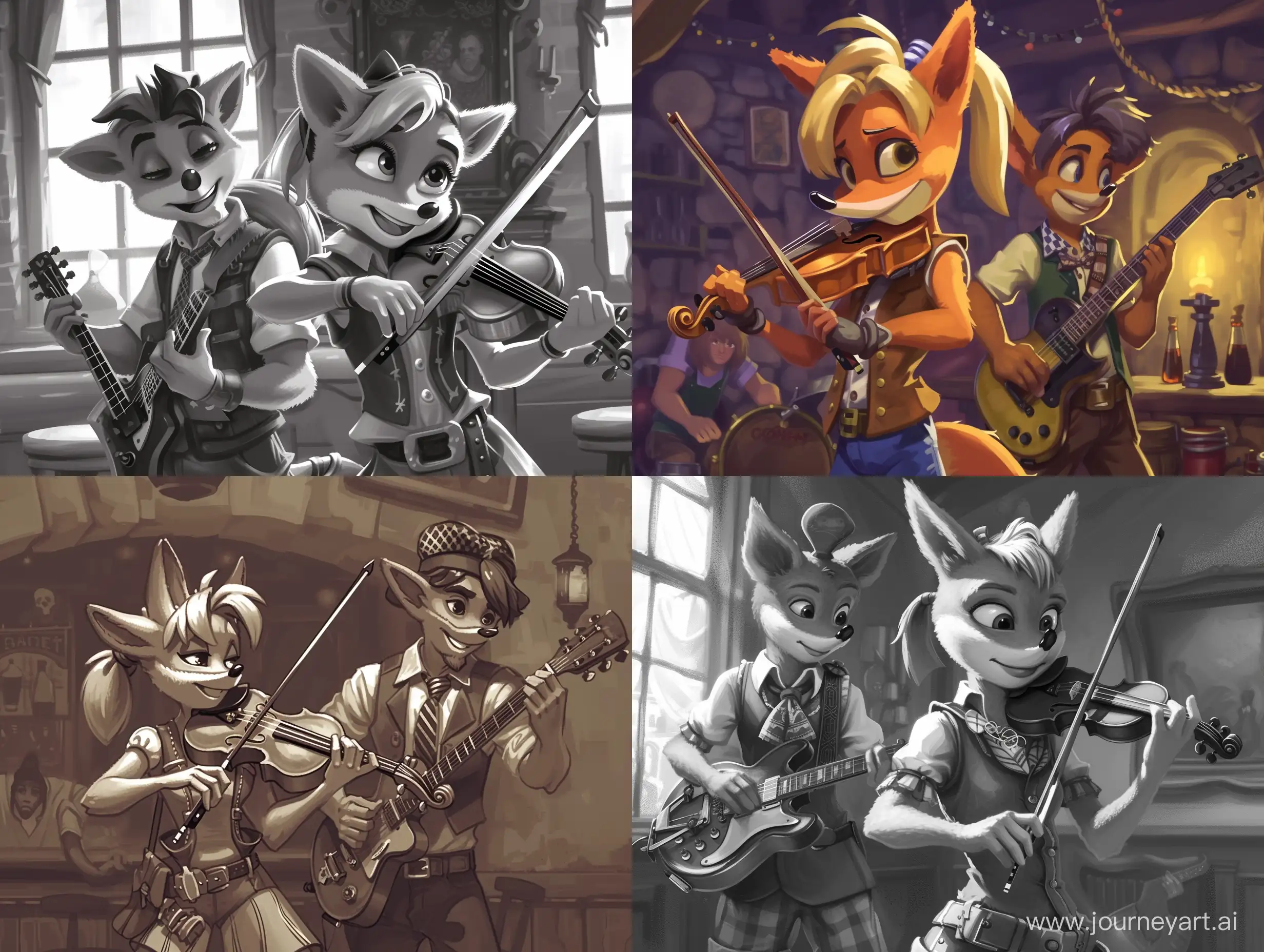 Tavern-Musicians-Coco-Bandicoot-and-Companion-in-Costume-Perform-on-Violin-and-Electric-Guitar
