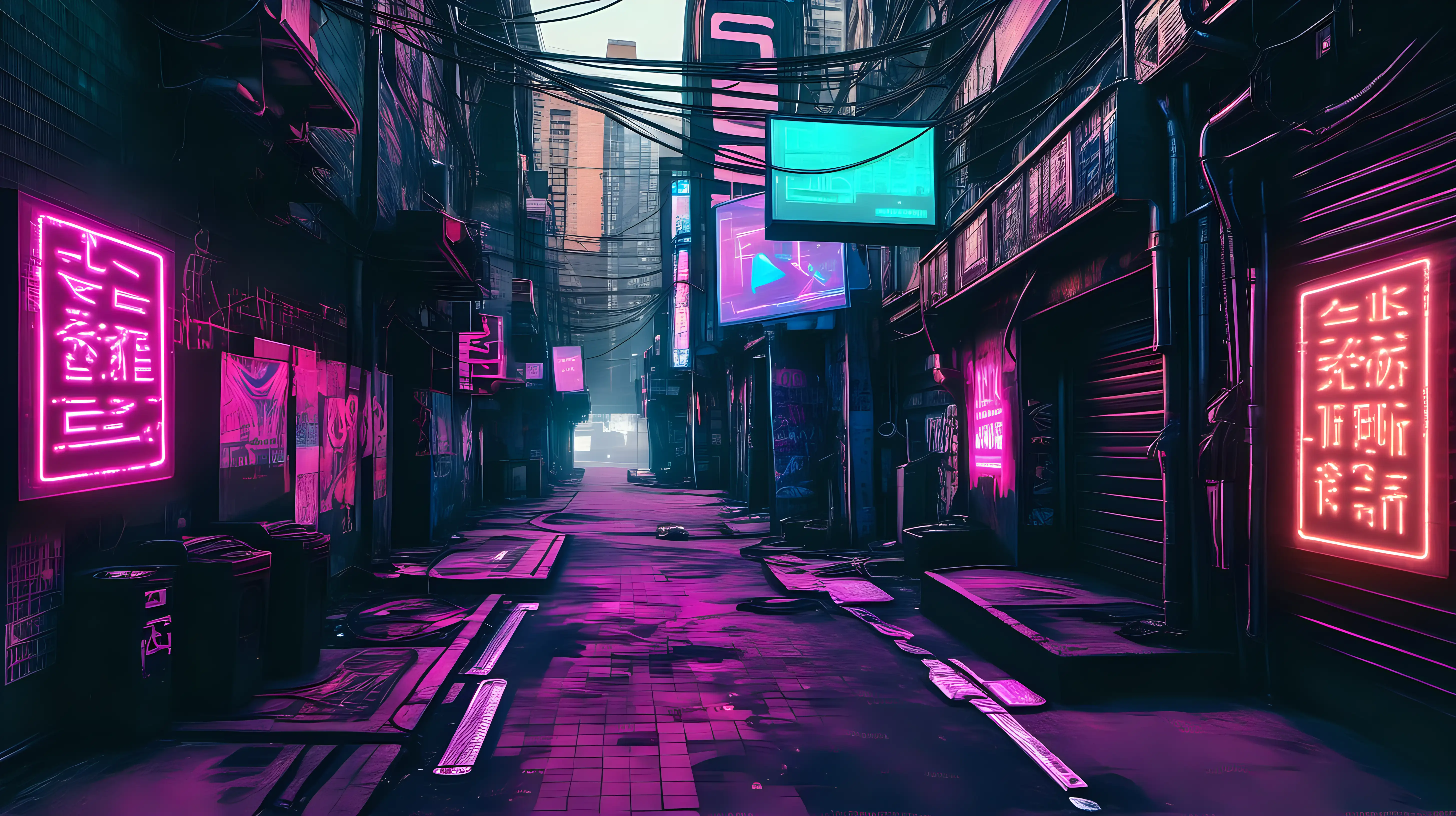 Cyberpunk alleyway with holographic signs.