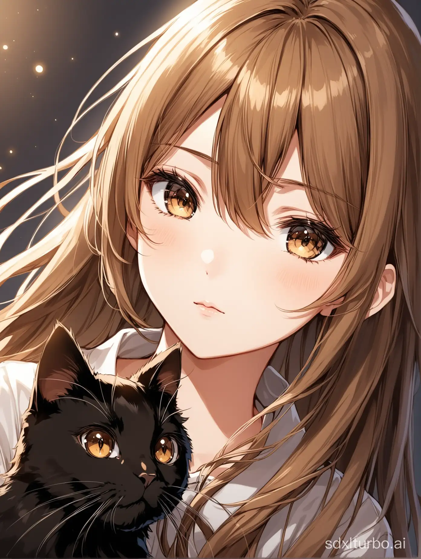 Anime girl with dark blond long hair, brown eyes and with black cat