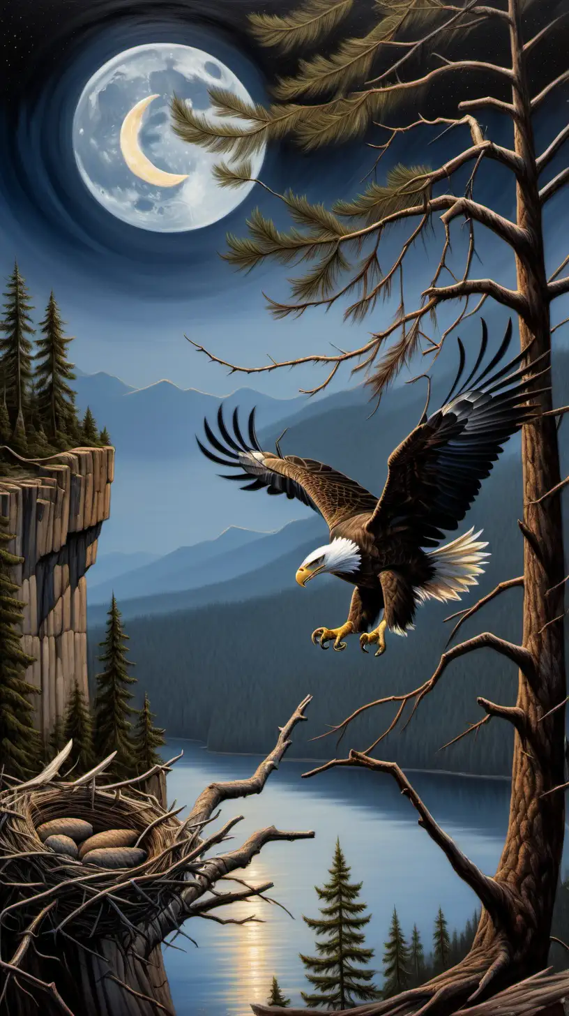  oil painting of one bald eagle flying off nest in tree, cliff , moon, night, clear sky, no clouds with forest, mountains and lake in background