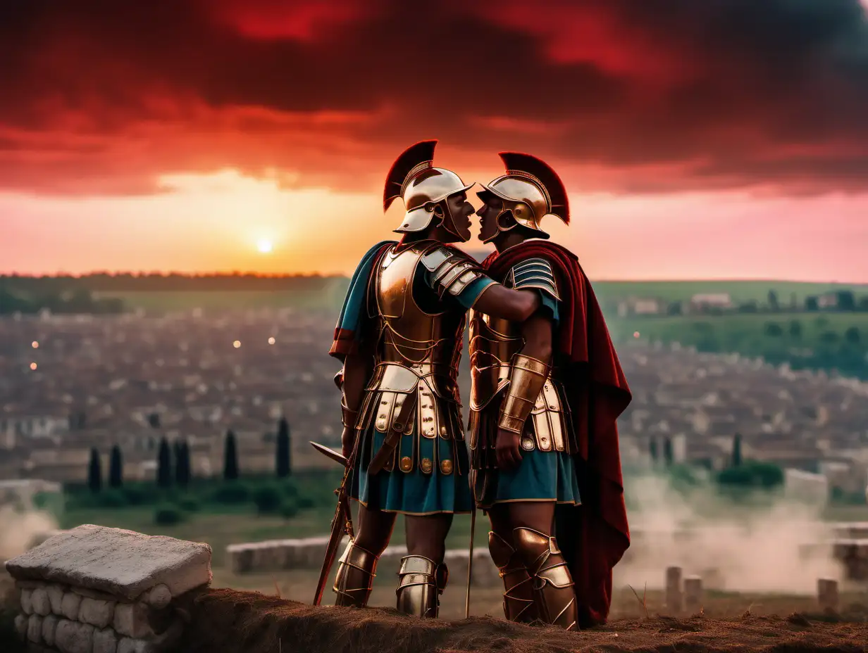 Antic Roman Soldiers Embrace on Battlefield at Colorful Sunset