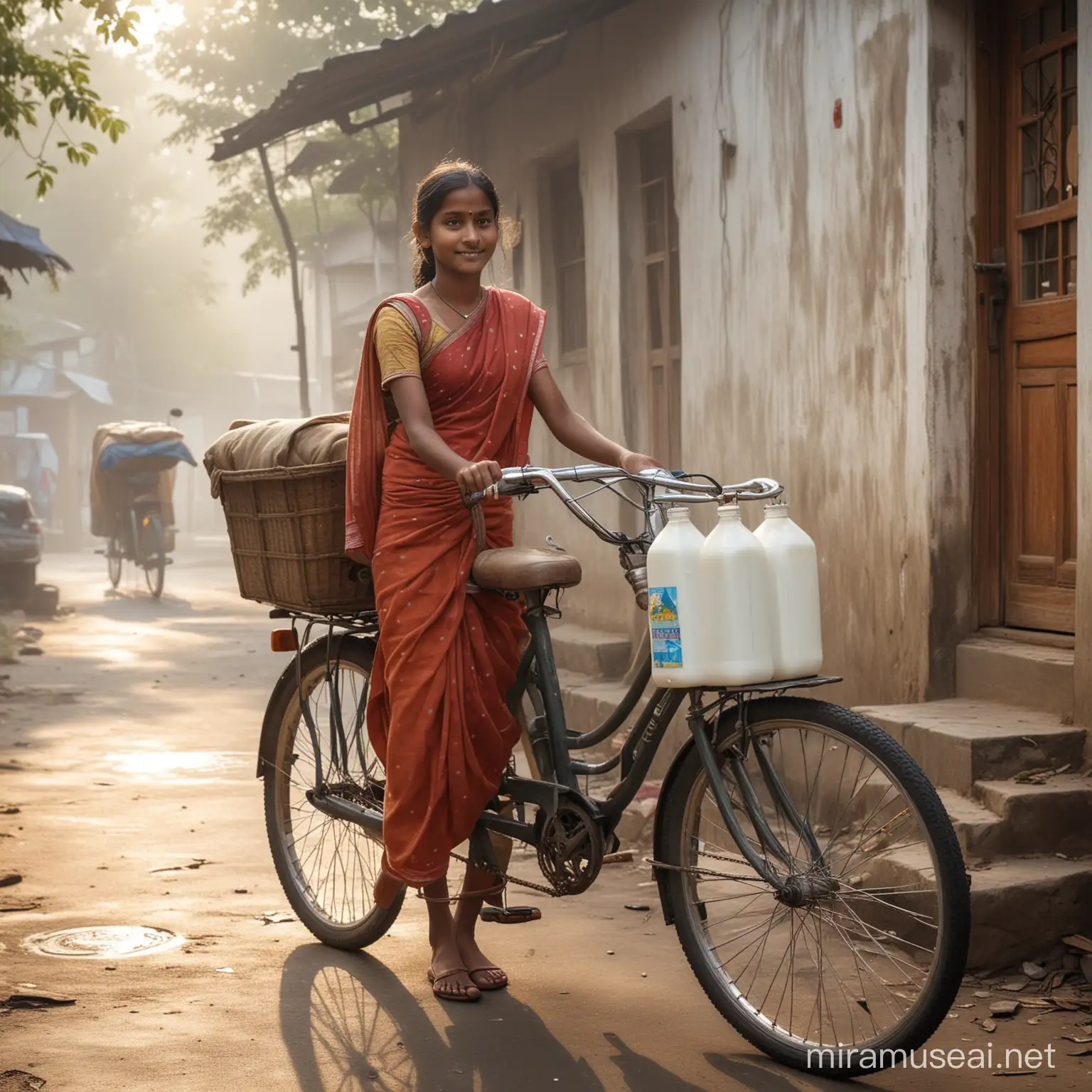 on a misty morning, an Indian man is delivering milk, to a house in the city. The milk is in a large container attached to the back of his bicycle. A 6 year old little beautiful indian girl, from the house, is receiving the milk in a container. The man is pouring the milk into the girl's utensil. the facial features must be very clear. the main focus is the man and the girl. Detailed, vivid colors.