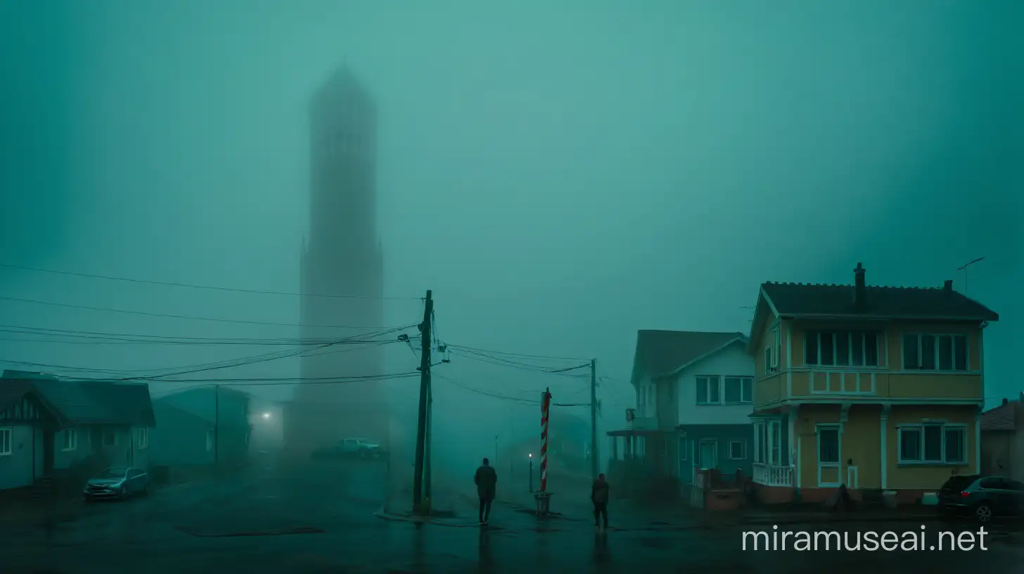 Mysterious Man Standing by Pillar in Foggy Small City with Two Houses in Distance
