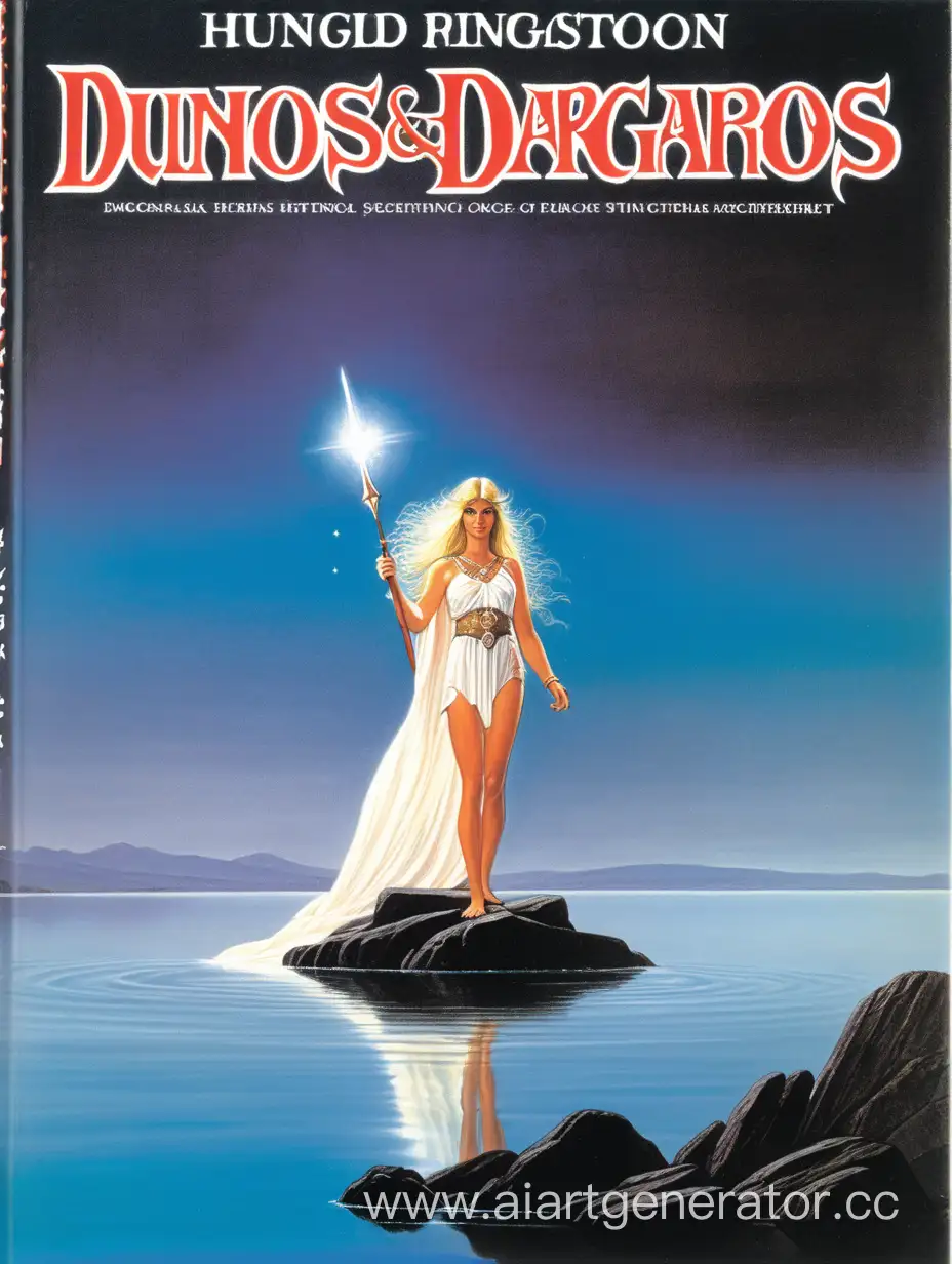 Обложка книги темного фэнтези 1970-х годов Подземелья и драконы Рисунок красивой Богини в озере с минималистичной дальней перспективой, стиль Ларри Элмора,яркие цвета