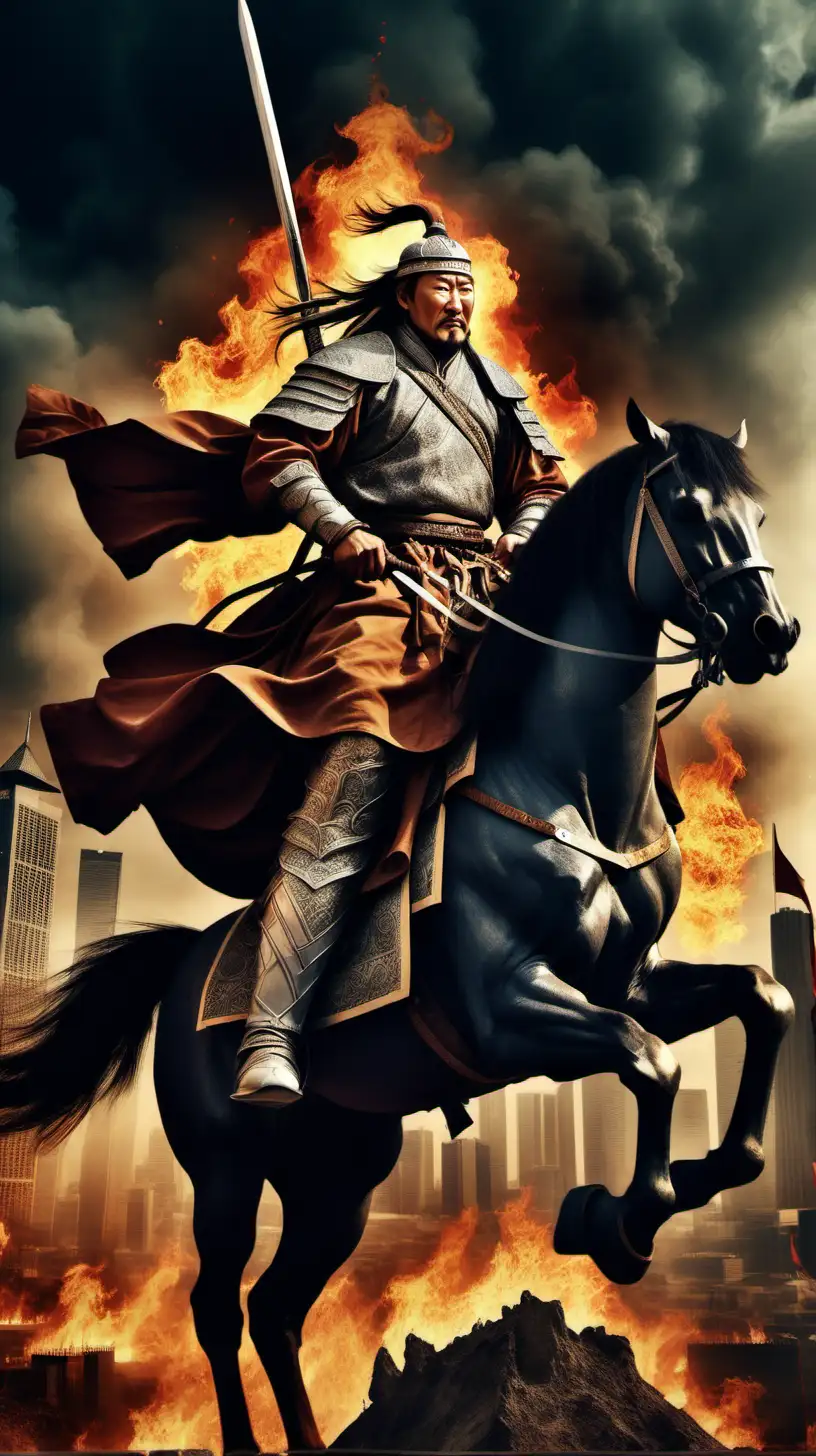 Genghis Khan on horseback
If the sword is in his hand, the city will catch fire. Let the background of the picture be a little dark
