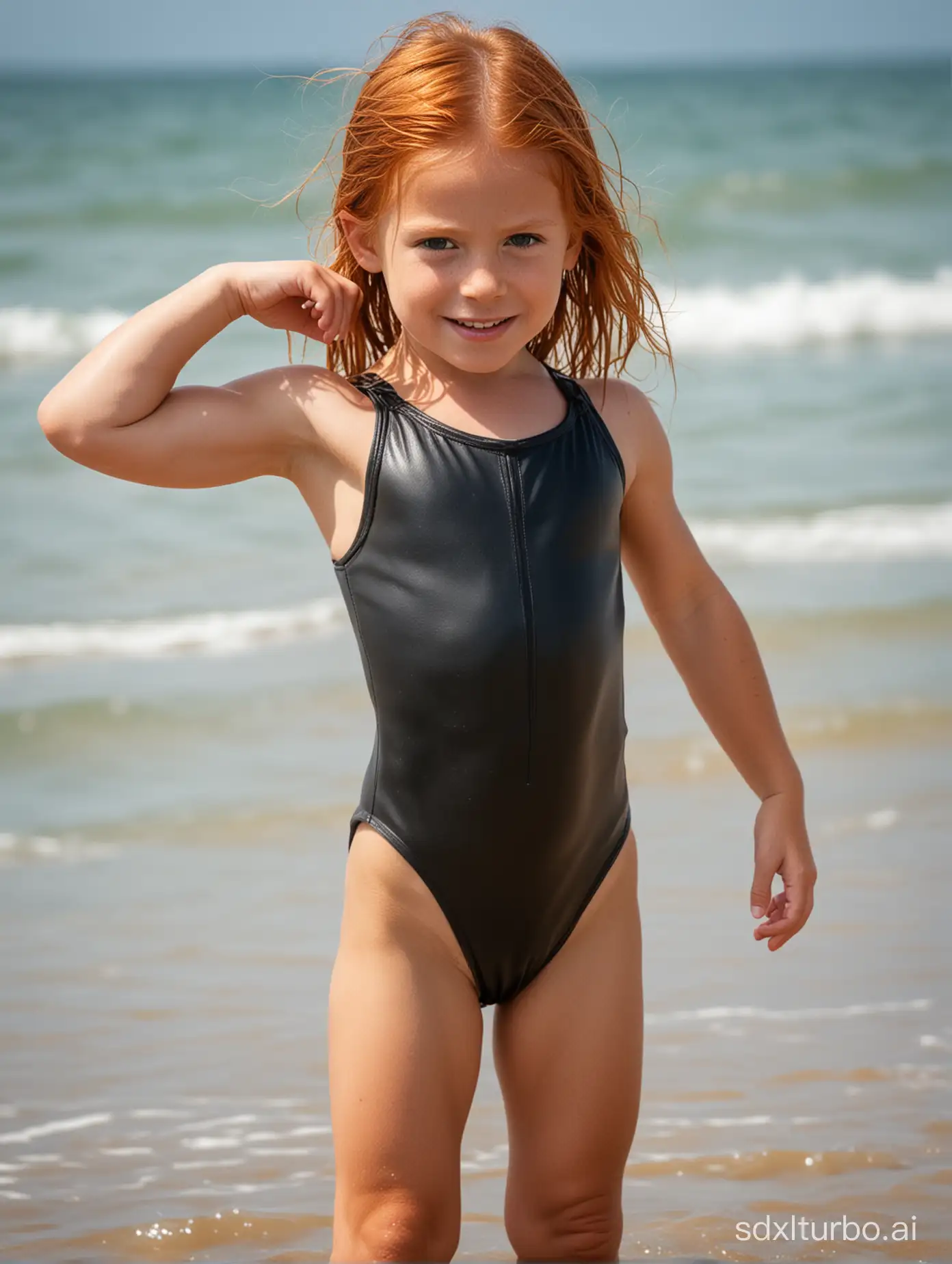 6 years old ginger hari girl, very muscular abs, string leather bathingsuit at Odesaa Beach