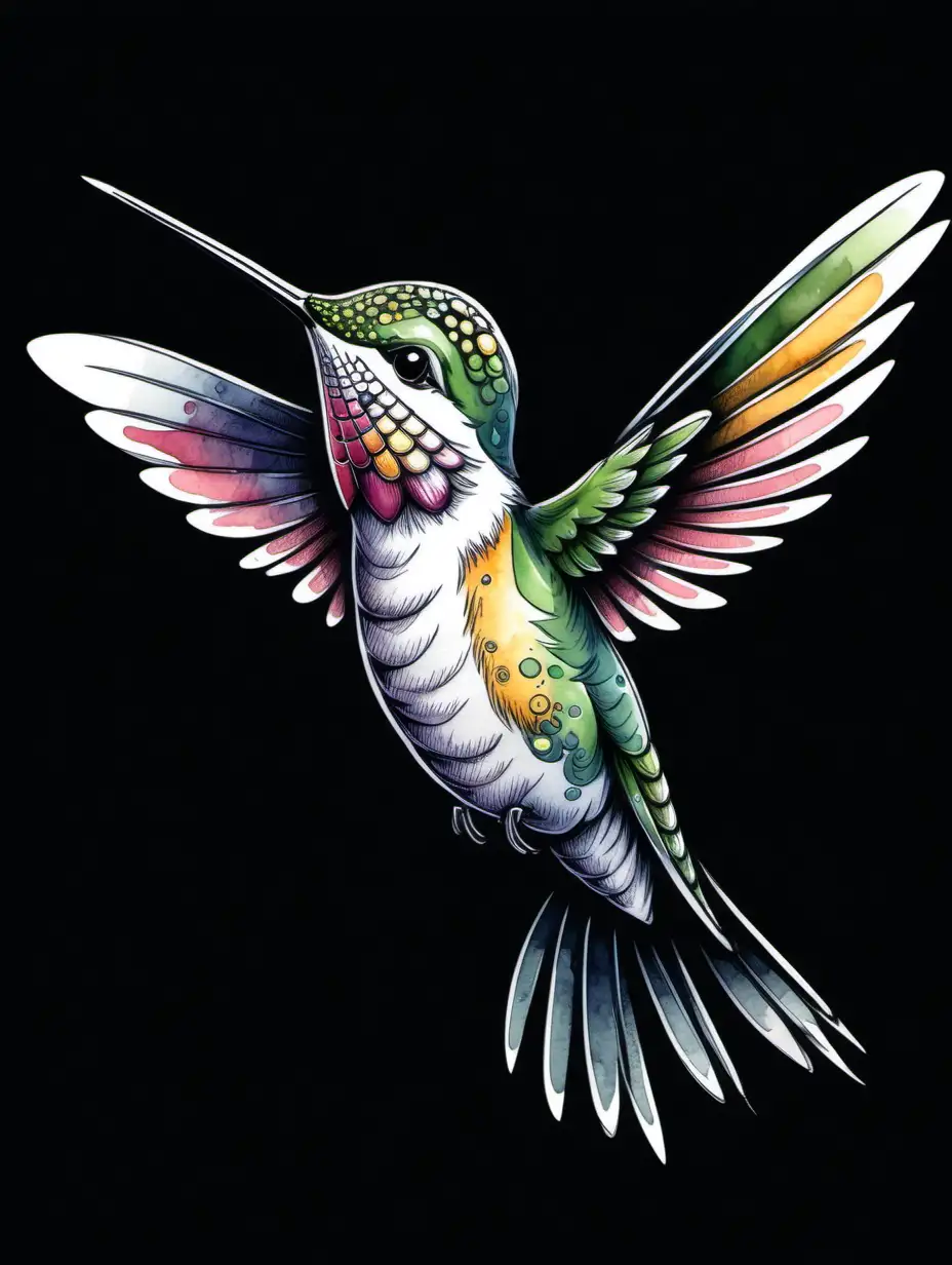Charming Hummingbird Cartoon in Ink and Watercolor against a Black Background