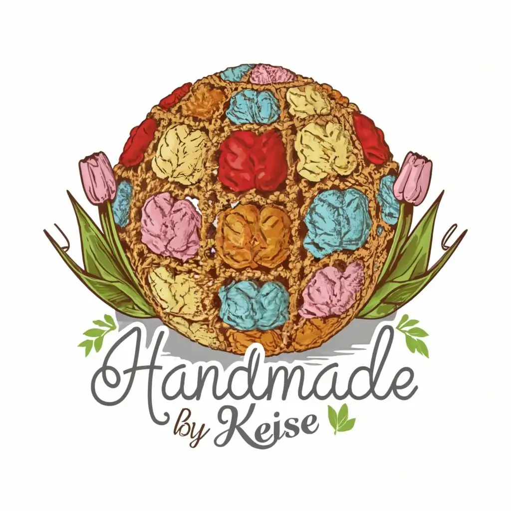 logo, crochet ball with tulips, with the text "Handmade by Kiese", no typography, be used in Entertainment industry. Include crochet hooks and correct the word "Handmade by Kiese".