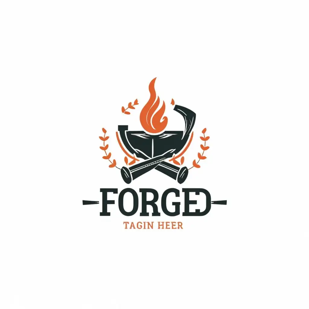 logo, blacksmith with flaming hammer and anvil, with the text "FORGED", typography, be used in Medical Dental industry