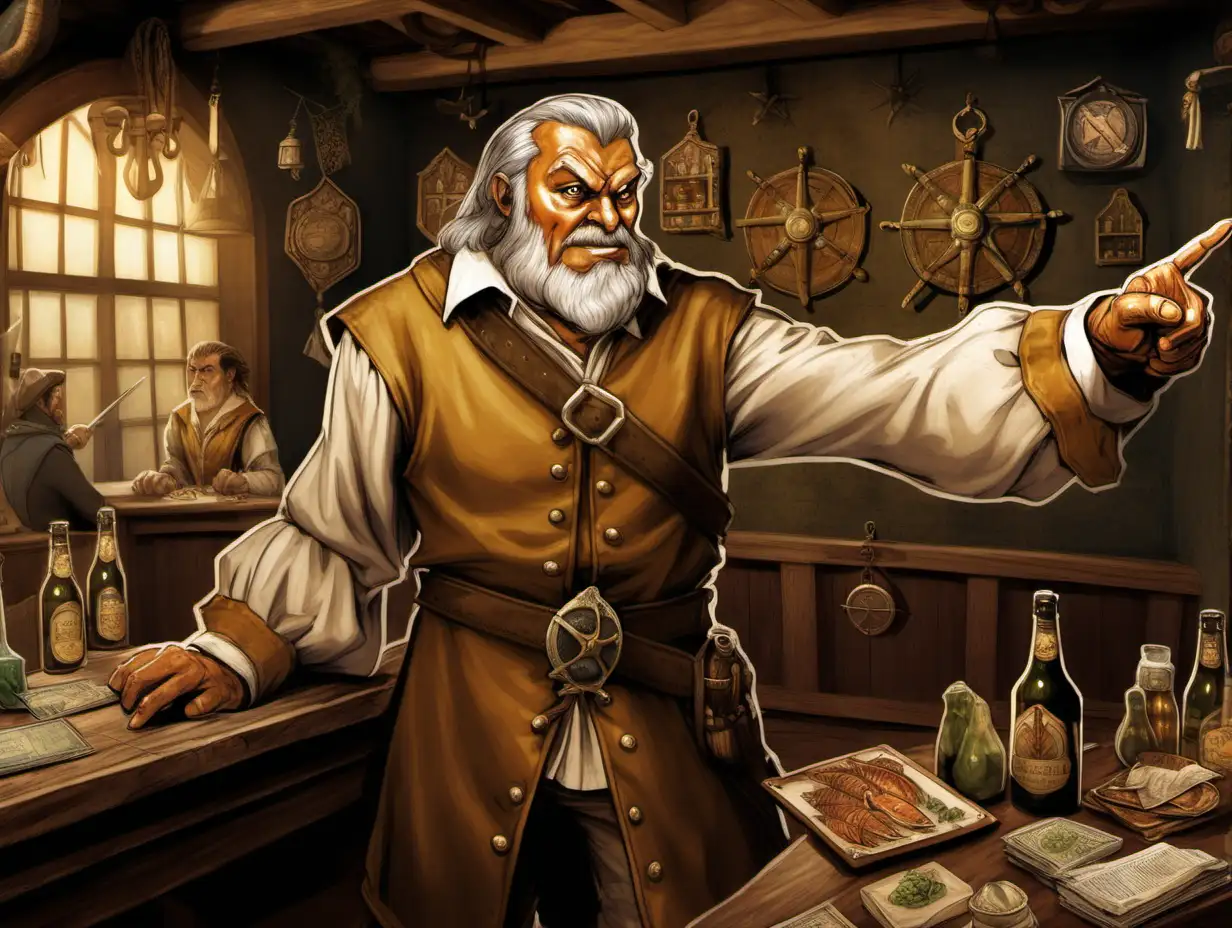 Angry MiddleAged Nobleman Pointing Finger in Tavern with Nautical Decor