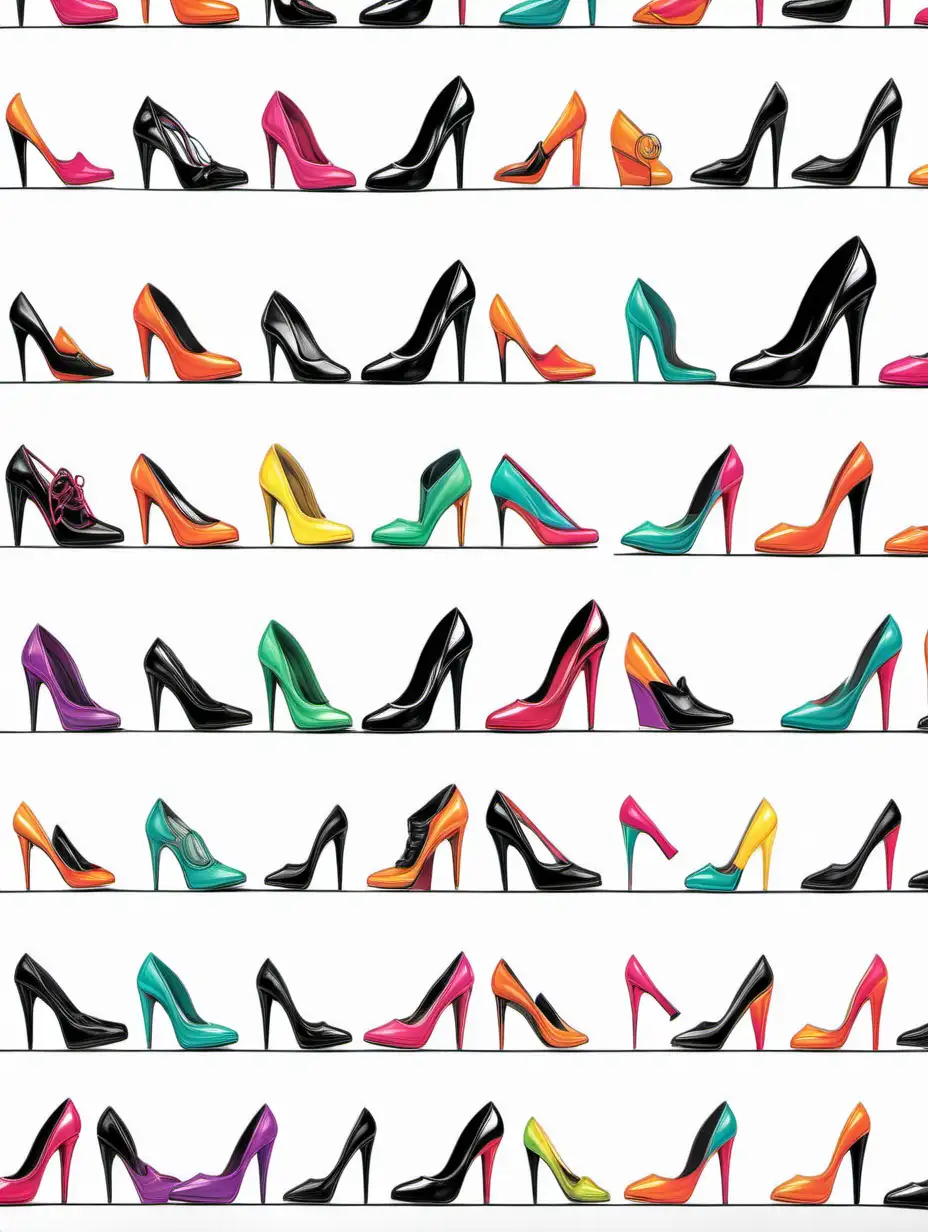 colorful row of different style high heel shoes book cover page, thick black lines, show margins 