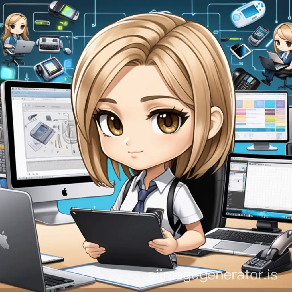 Create a chibi protagonist with straight medium length dirty blonde hair, hazel eyes, beauty mark, wearing business casual dress, holding a clipboard. This character is surrounded by technology equipment, including stacks of cellphones, pagers, desk phones and laptops.