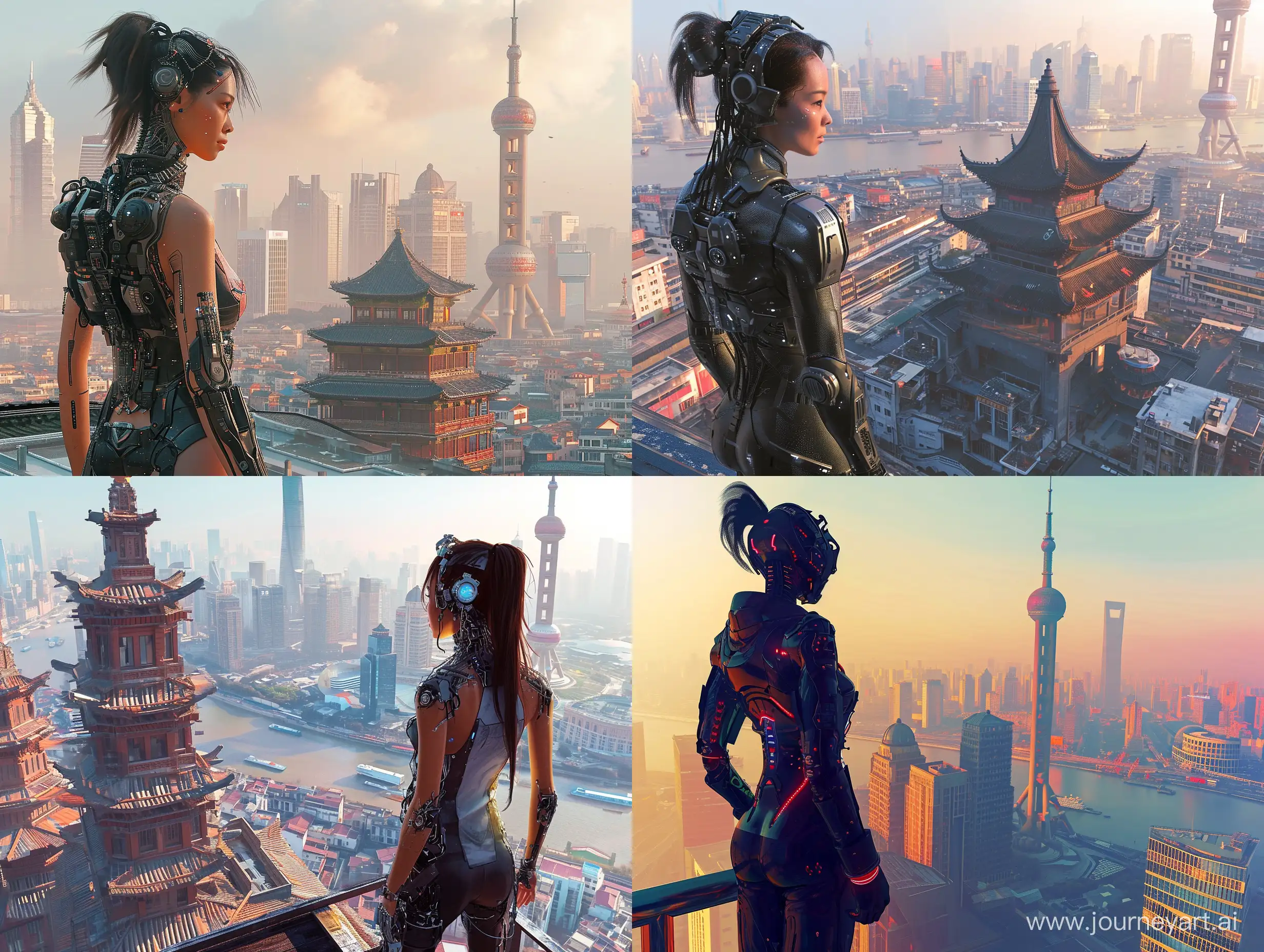 Futuristic-Cybernetic-Woman-Overlooking-Shanghai-Cityscape