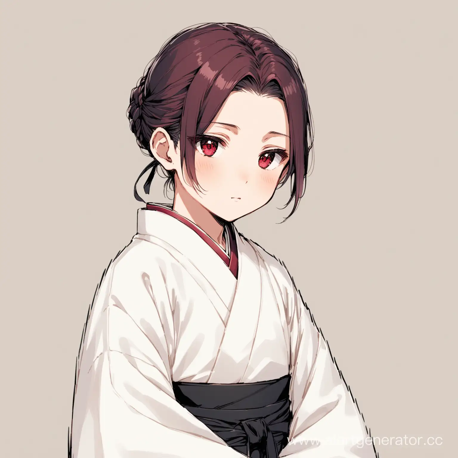 A boy, ruby-red eyes. Hair white long and tied in a low bun parted fringes on his head, a pretty even feminine face, Very thin for his age, and a weak-looking complexion. He is dressed in a white kimono, a white juban, a white haori that is several times larger than the boy himself, black hakama trousers, white tabis, and dzori. 
