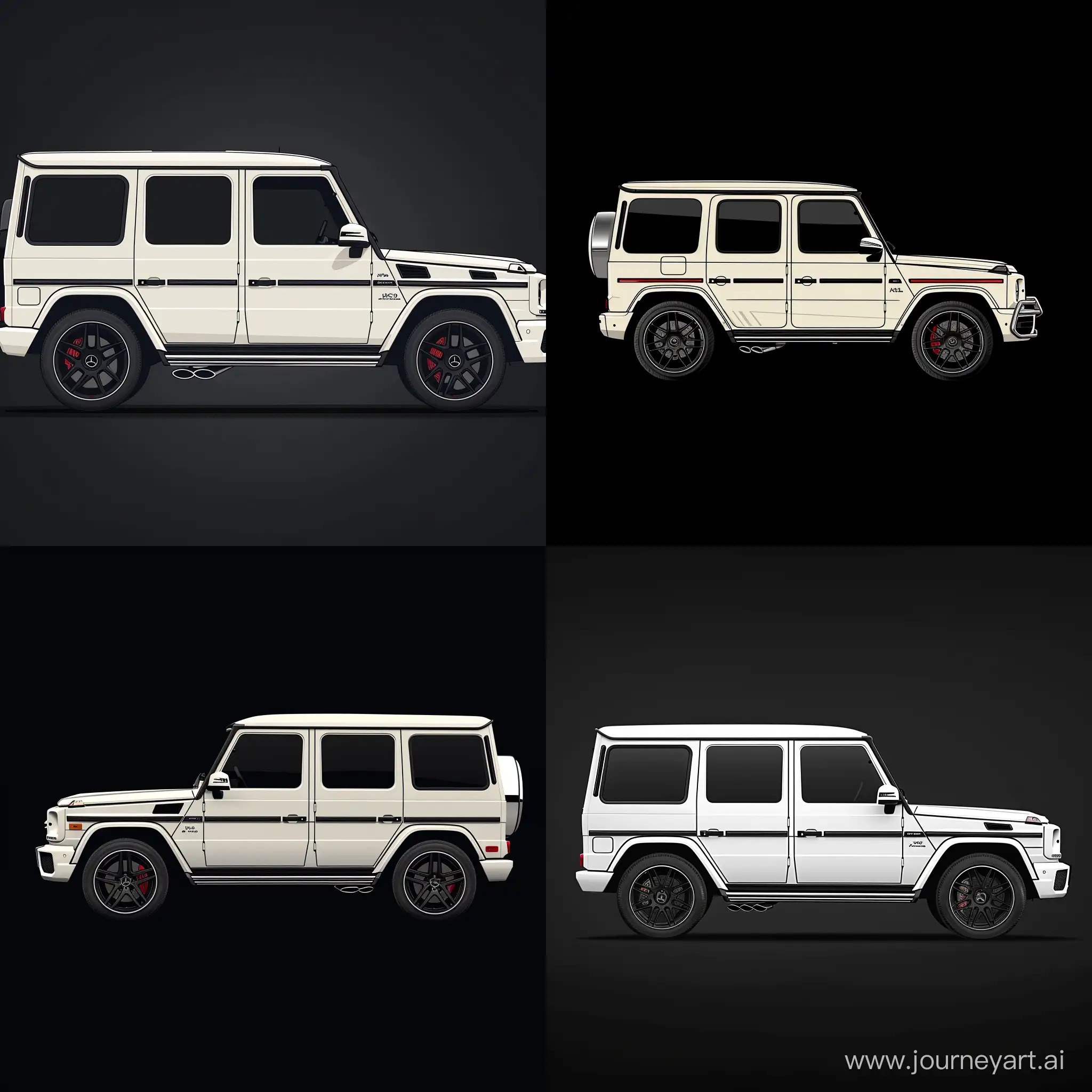 Minimalism 2D Side View Illustration of: White Mercedes Benz G63, Simple Black Background, Adobe Illustrator Software, High Precision