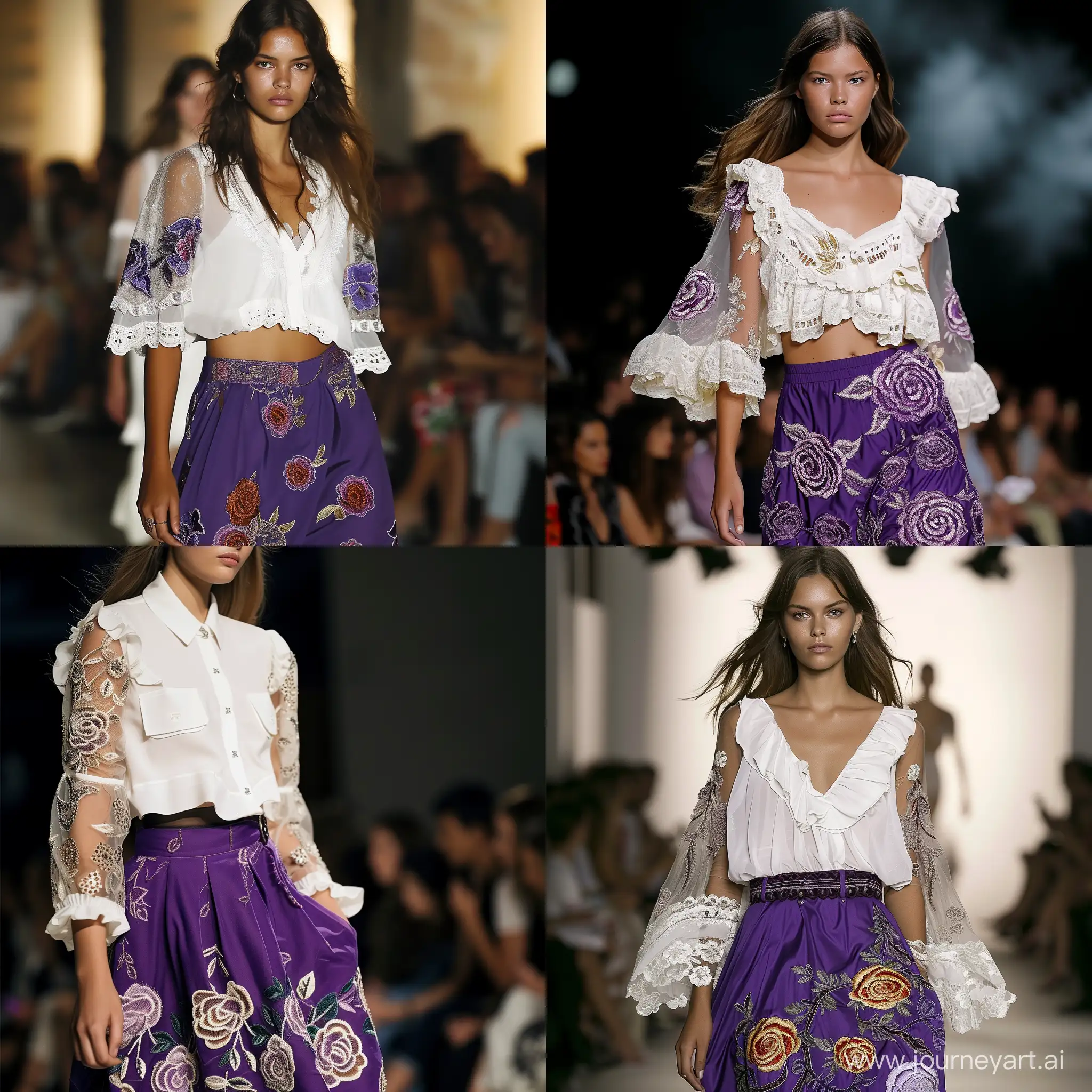 Fashion-Model-Showcasing-Elegant-White-Blouse-and-FloralAdorned-Purple-Skirt