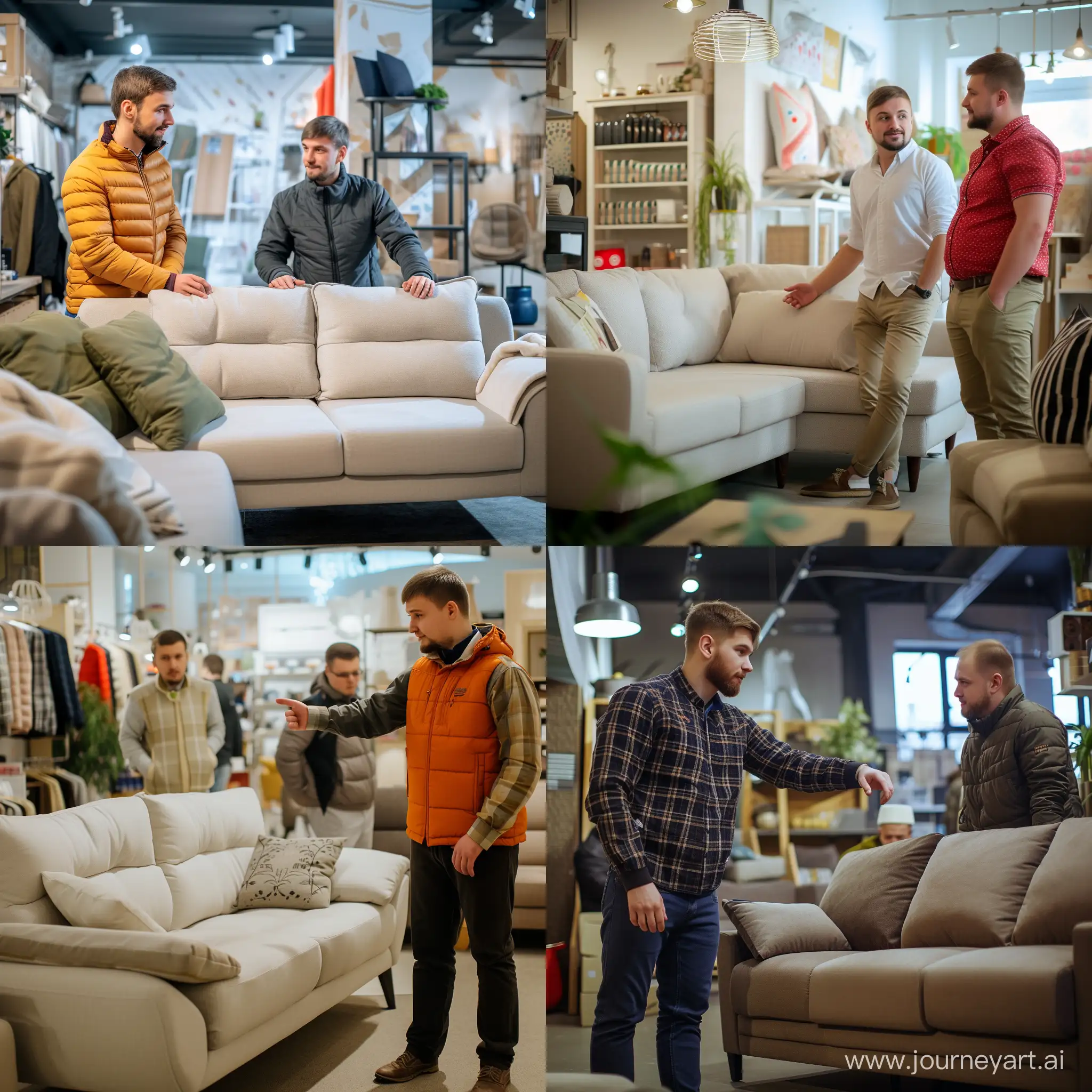 An attractive 27-year-old salesman from Belarus is selling a sofa to a 40-year-old man from Russia in his own furniture store, ultra HD bright atmosphere, original photo, high detail, very sharp, 18mm lens, realistic, photography, Leica camera