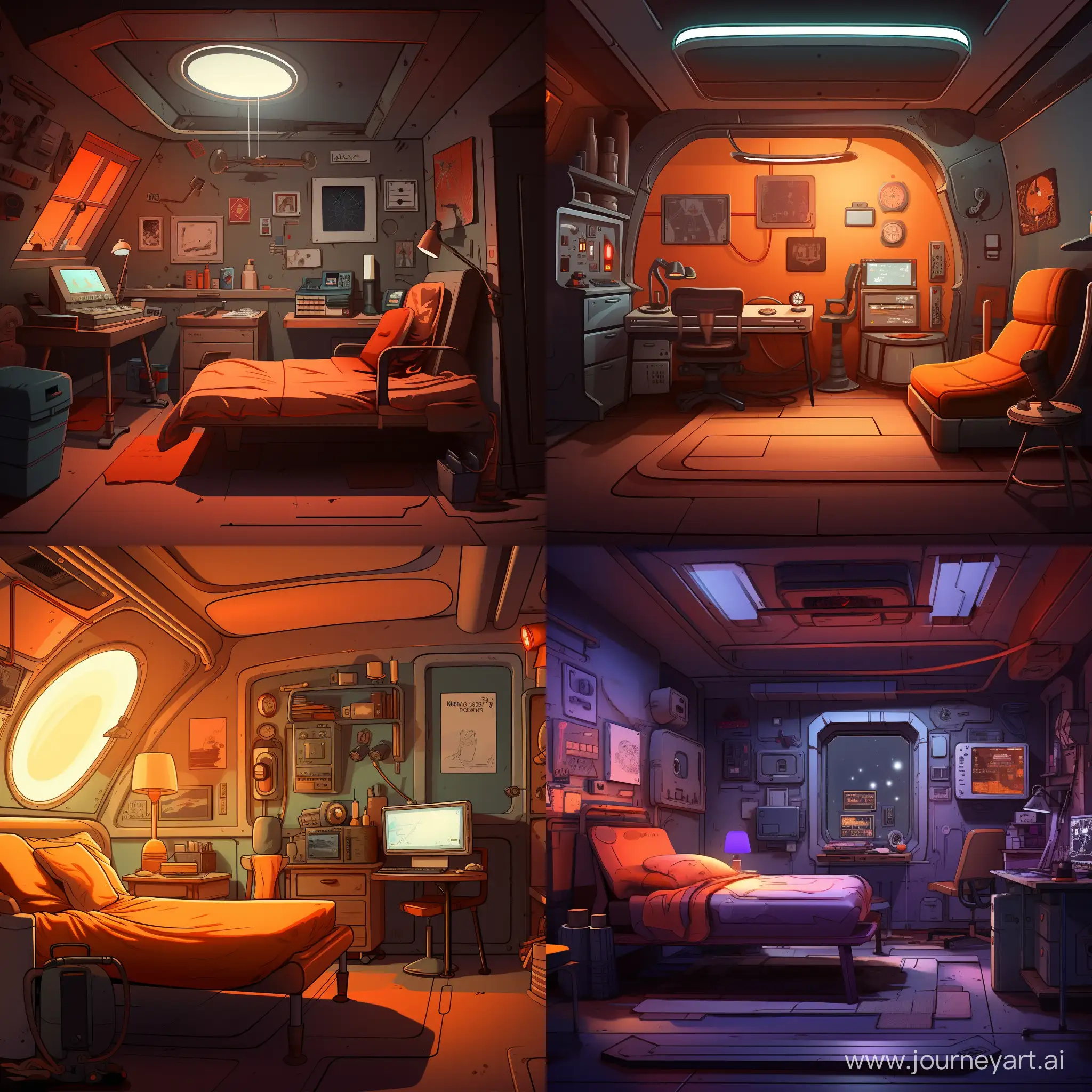 Cozy минималистичная крохотная dark room космического корабля in retro futurism style. There is a carefully made bed against the left wall, and a little to the right is a work desk with many mechanisms, diagrams and parts, tools. There is a table lamp on the table, emitting a warm, dim light. She is the only source of light in the room. Офисный стул перед рабочим столом. Старые металлические стены и пол.