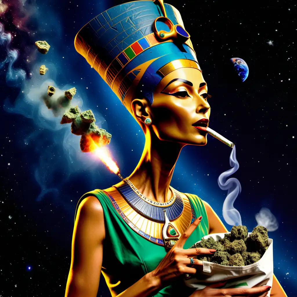 Queen Nefertiti smoke weed in the space. Blunt in the mouth. No finger in the hand.With the big bag of weed.