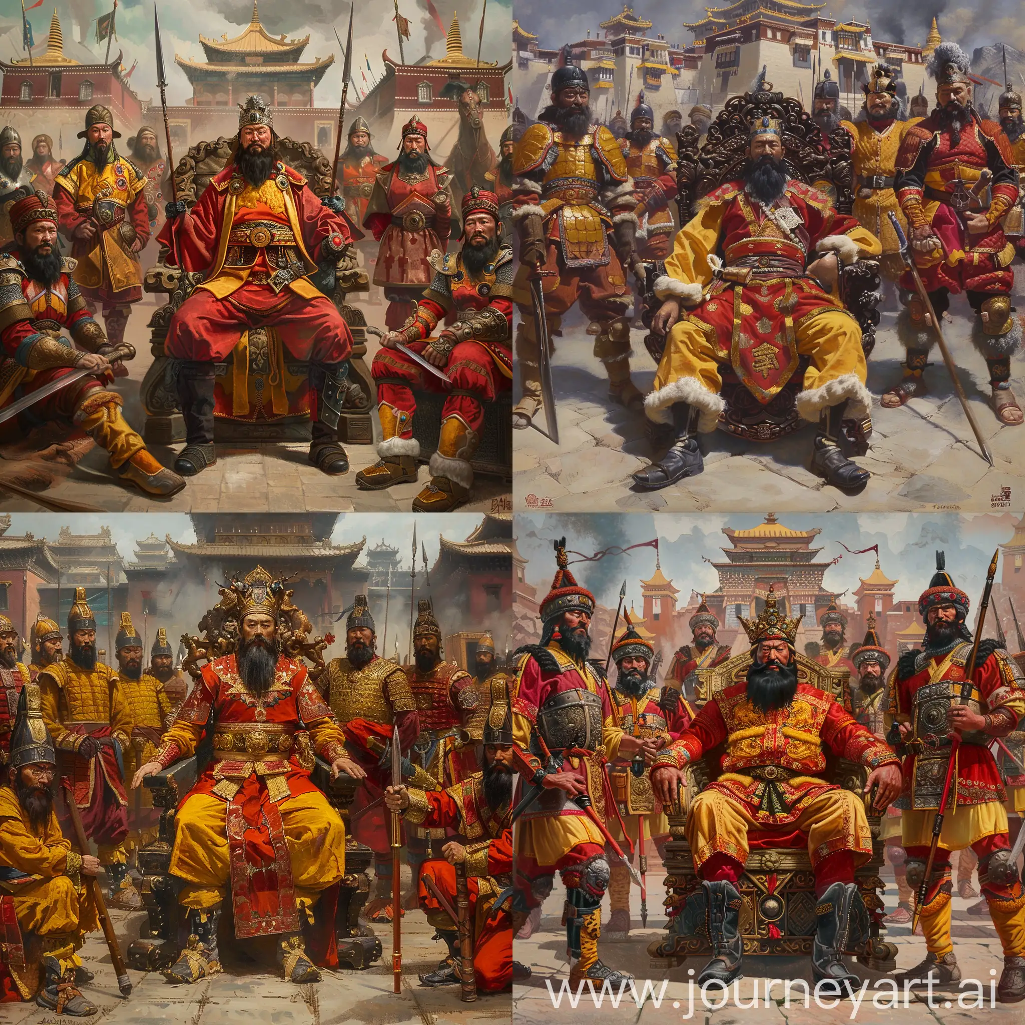 Medieval-Tibetan-King-on-Throne-Surrounded-by-Warriors-in-Palace-Setting