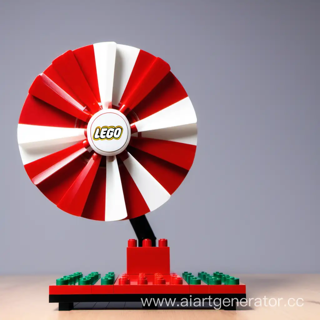 Big red electric fan is made of Lego and big Danish flag on the background 