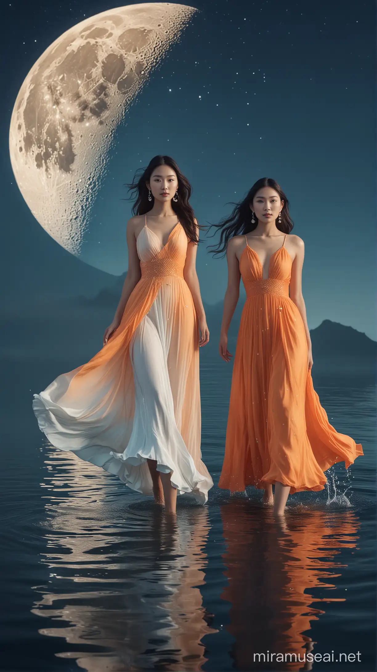 A fashion advertisement shows two beautiful Asian models wearing gradient color dresses, standing on the water surface of an oversized round moon with starry sky and blue background. The dress is made from silk fabric, and one model has long hair. They wear white shoes in light orange colors. A photorealistic style full body portrait photography features highdefinition details, panoramic composition, studio lighting, and elegant movements.,,in --ar 69:128 --style raw --stylize 50