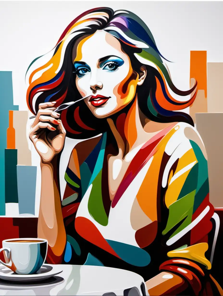 colorful artistic abstract lady in a cafe on a white background. use large, simple oil brush strokes.