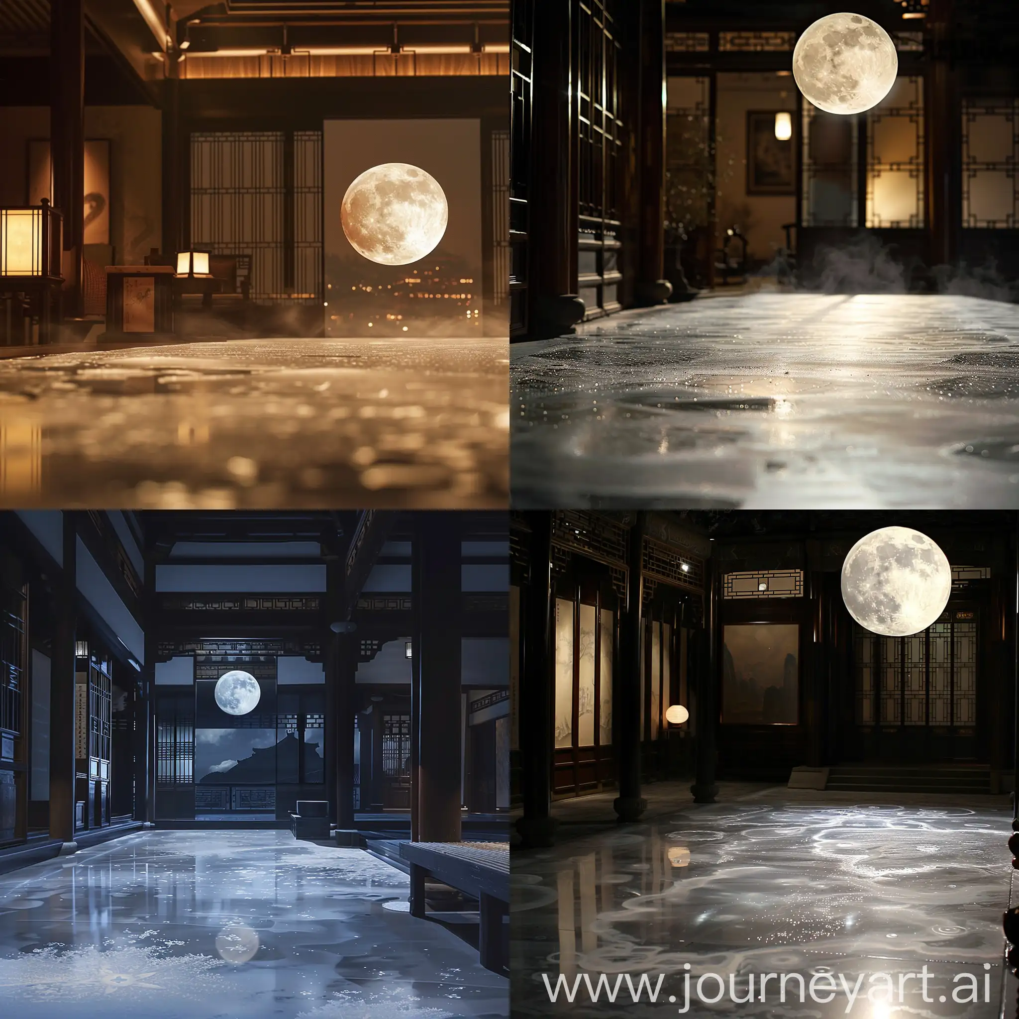 The moon casts a clear, cool glow across the room, creating a frost-like effect on the floor. The dim ambient lighting contrasts with the sharp moonlight, enhancing the poet Li Bai’s feeling of solitude in a traditional Chinese setting of ink-wash painting style. Emphasize the sharpness and purity of the light to symbolize longing.