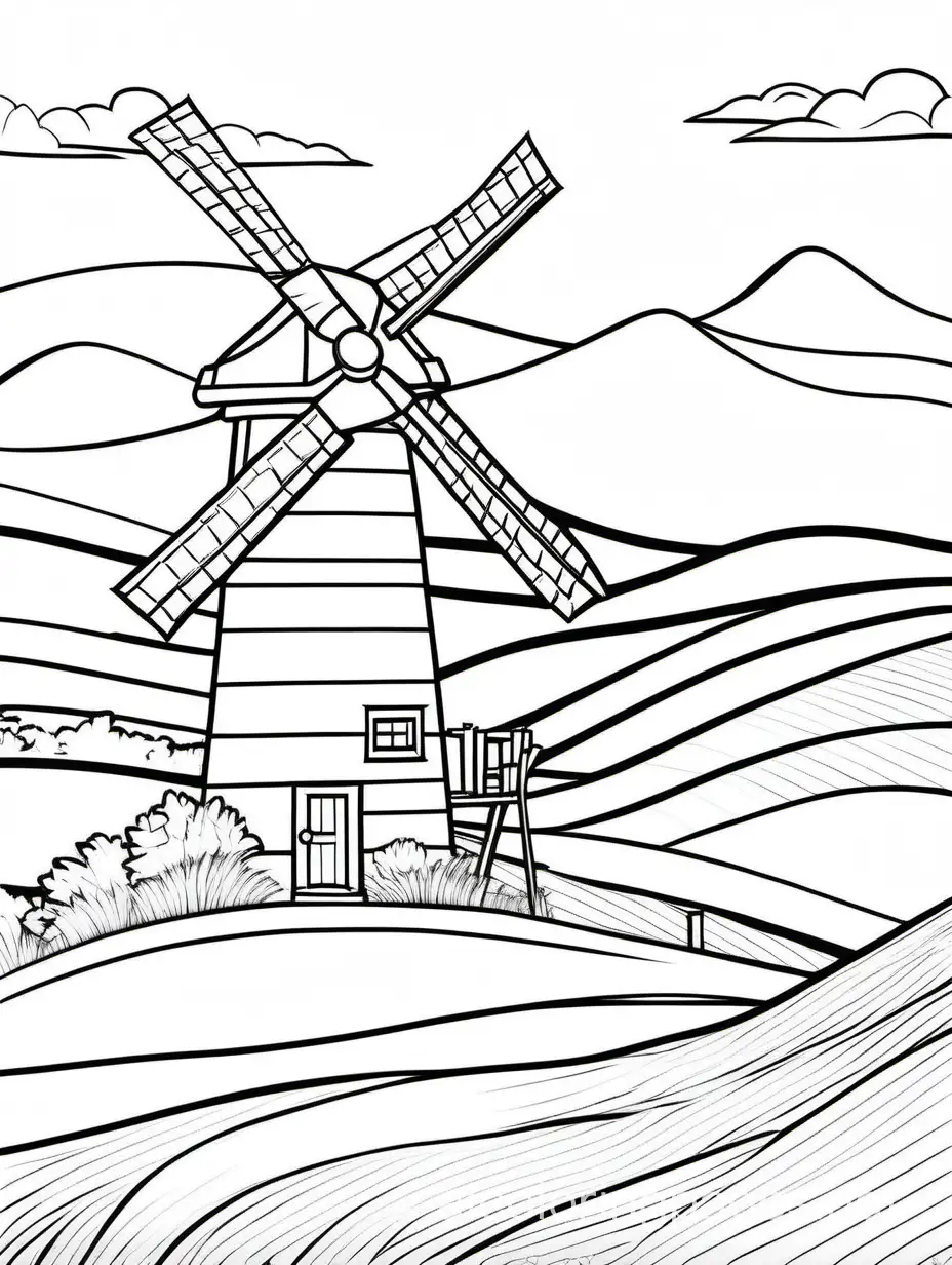 Soothing-Windmill-Coloring-Page-for-Kids-Serene-Scene-Amidst-Rolling-Hills