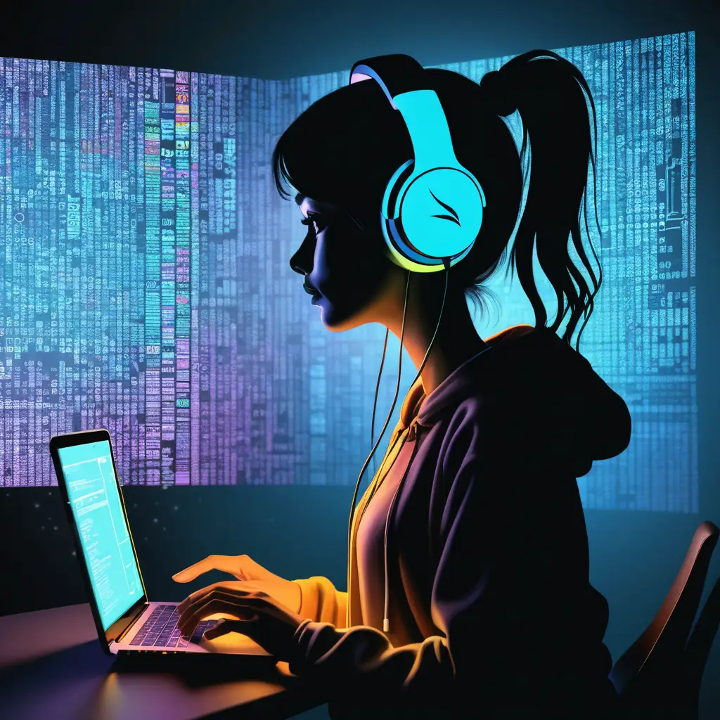 Silhouette of a woman looking at a digital monitor in the air where a code is being projected, she is wearing headphones and a laptop next to her, illustrated style, Colorful