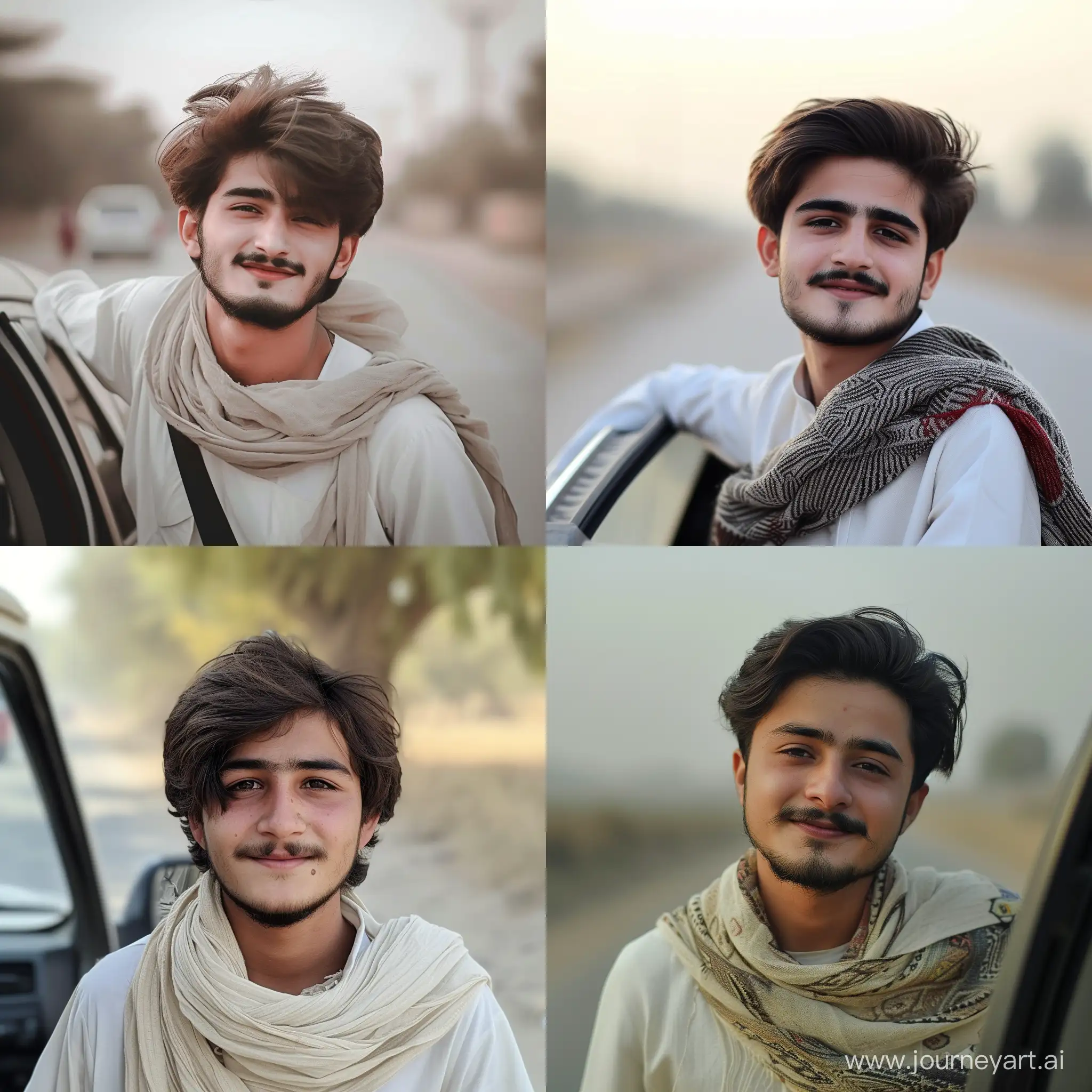 reate a picture of Pakistani boy with very small or no mustache and very small or no beard and few hairs on chin. small smile and rounded face or few lengthy with nice hairs. Create complete pic while he is standing on road with attitute looking like a here. His color should be white like pakistanis white. his face should be round. He should look like around 18 years old. He should be wearing pakistani boys shawl on his shoulder. Just make his face more rounded and give me slight mustache and beard but very small. Create a picture of him coming out of car
