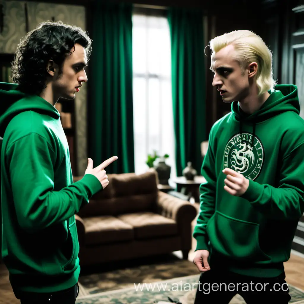 Young handsome guys in hoodies Draco Malfoy and a guy with dark curly hair conflict, arguing in the Slytherin living room