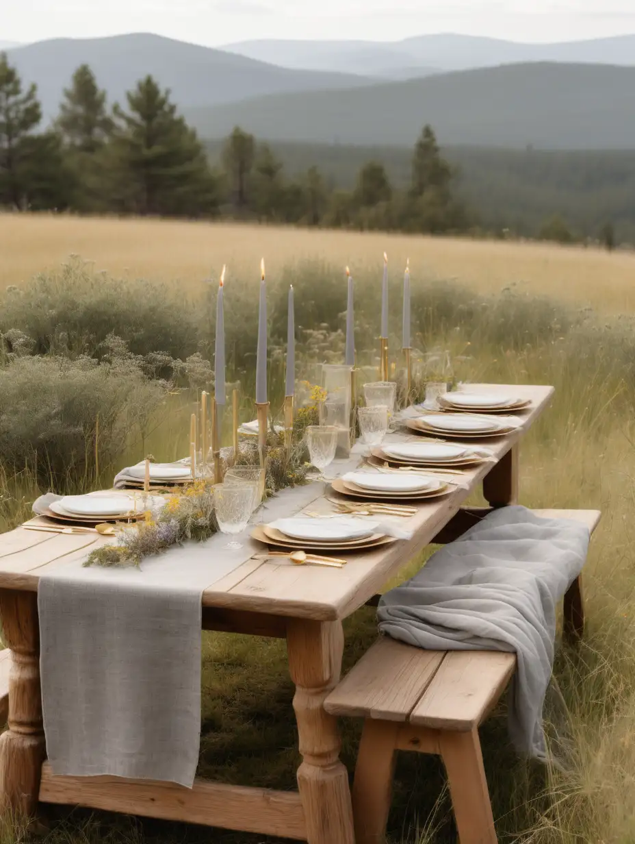 table set up for intimate lunch outdoors in meadow with overgrown shrubs and wildflowers. table decorated in a rustic, neutral, organic style with grey taper candles in assorted gold candsticks and a grey cheesecloth table runner. pine Mountains in background. 