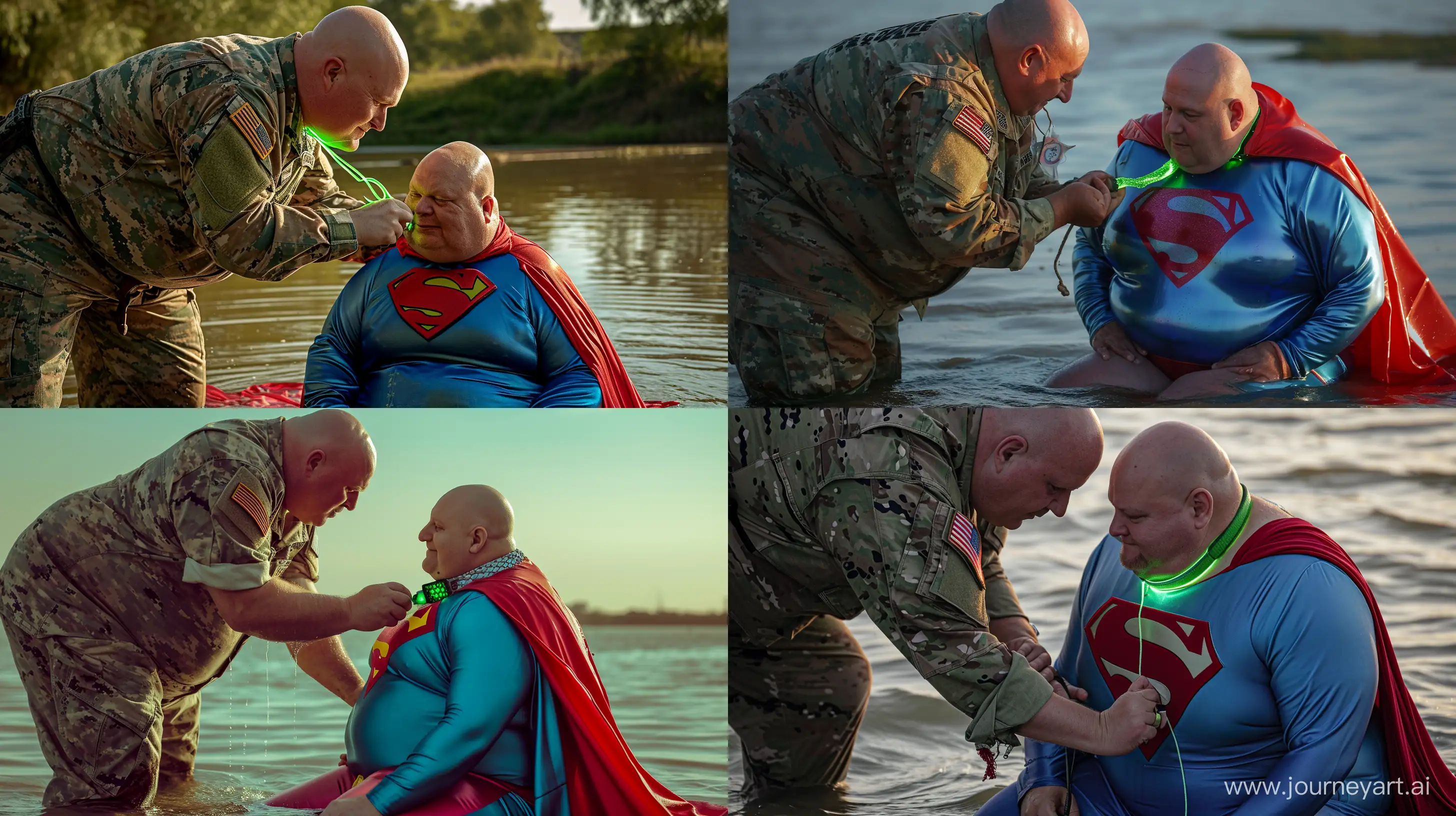 Close-up photo of a chubby man aged 60 wearing a military uniform, bending over and tightening a green glowing small short dog collar on the neck of another chubby man aged 60 sitting in the water and wearing a silky royal blue superman costume with a large red cape. Outside. Bald. Clean Shaven. --style raw --ar 16:9 --v 6
