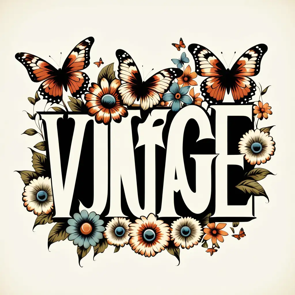 Vintage soul , in retro font,add couple of retro flowers and butterflies,white background 