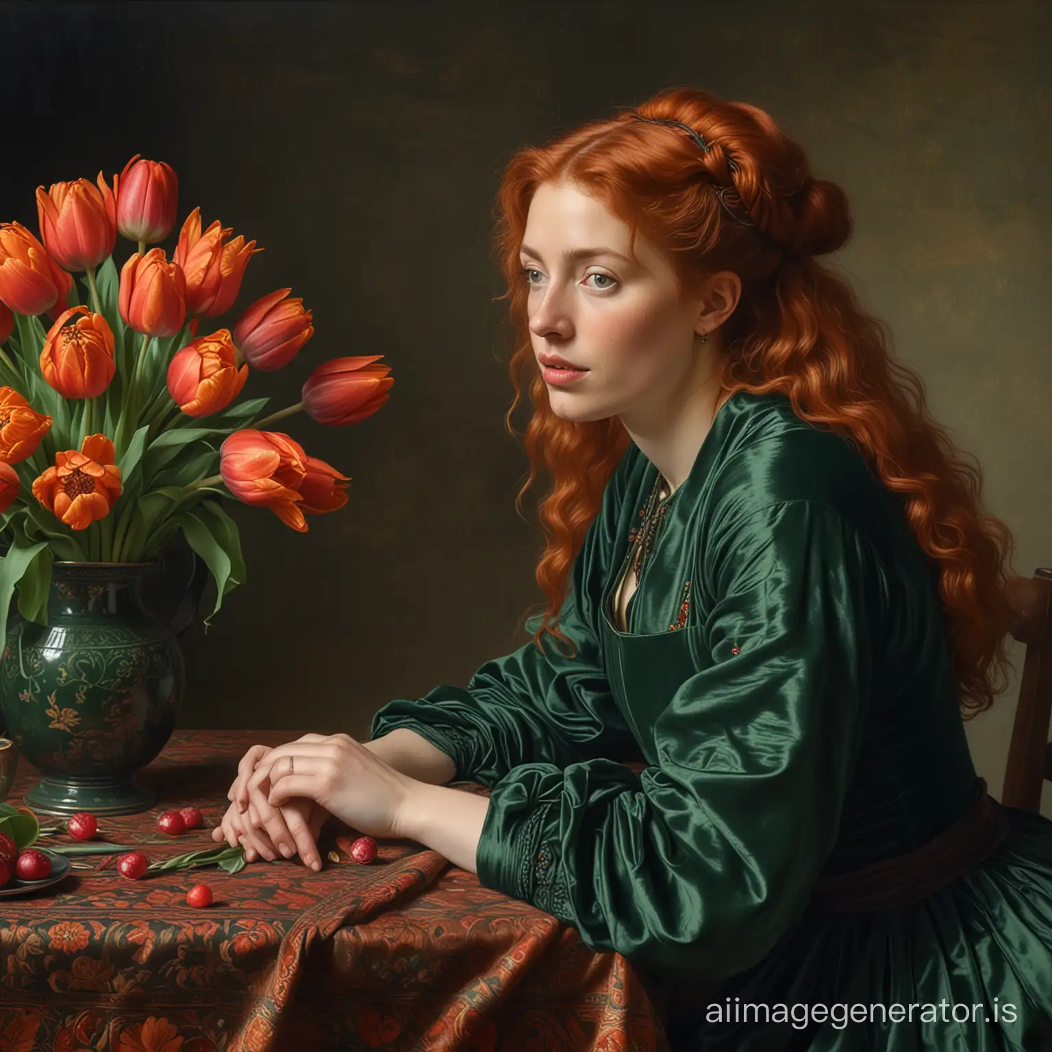 A masterpiece of Pre-Raphaelite painting, a large red-haired woman of about 40 with large features, thick lips, hair tied at the back of her head, in a dark green velvet dress sits at a small table, in front of her on the table lies a bouquet of tulips, orange, pomegranate, complex dramatic lighting, oil on canvas, brush strokes, Pre-Raphaelite painting