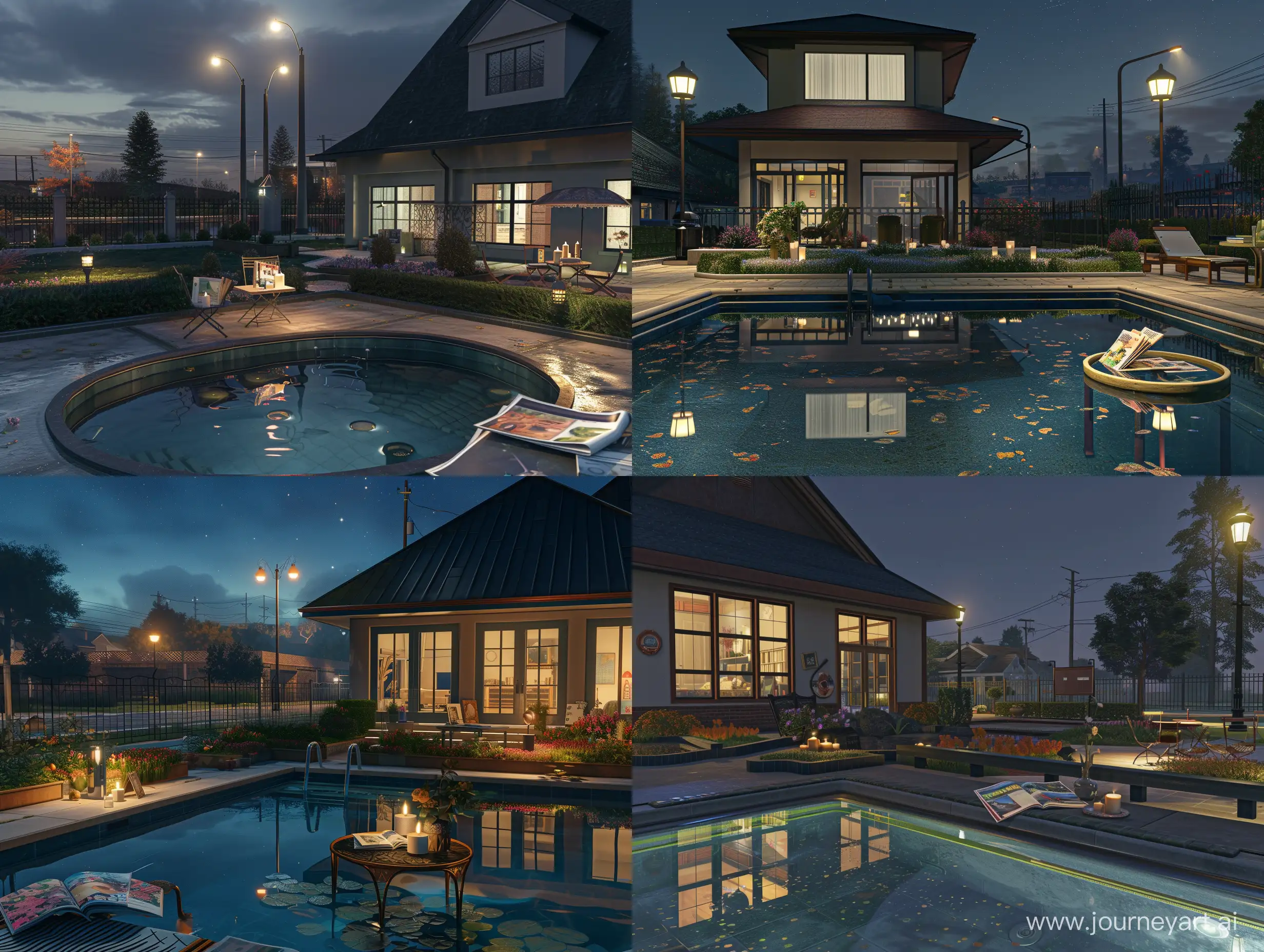 Full growth beautiful american style large house with a roof, and windows, at night. big beautiful night skies. a backyard with gardens. a mini swimming pool, with edging and small steps. modern garden. street lamps. reflecting in the clear transparent water. near of the pool a little table with magazines and candles. there are two chairs near the table. a fence with a gate. A street in the background. low horizon line. 8k, ultrarealism, unreal engine