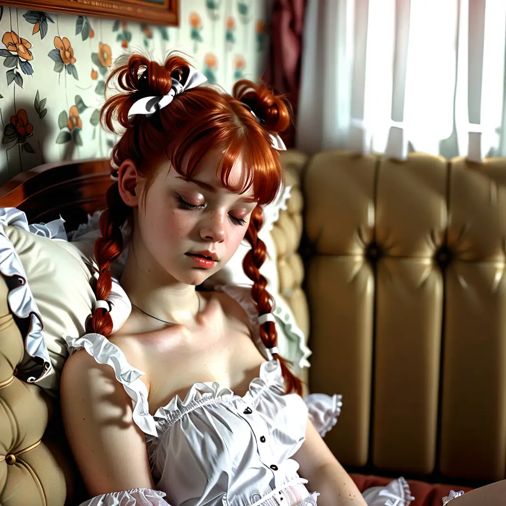 Redhead Young Girl Asleep on Couch in Bedroom