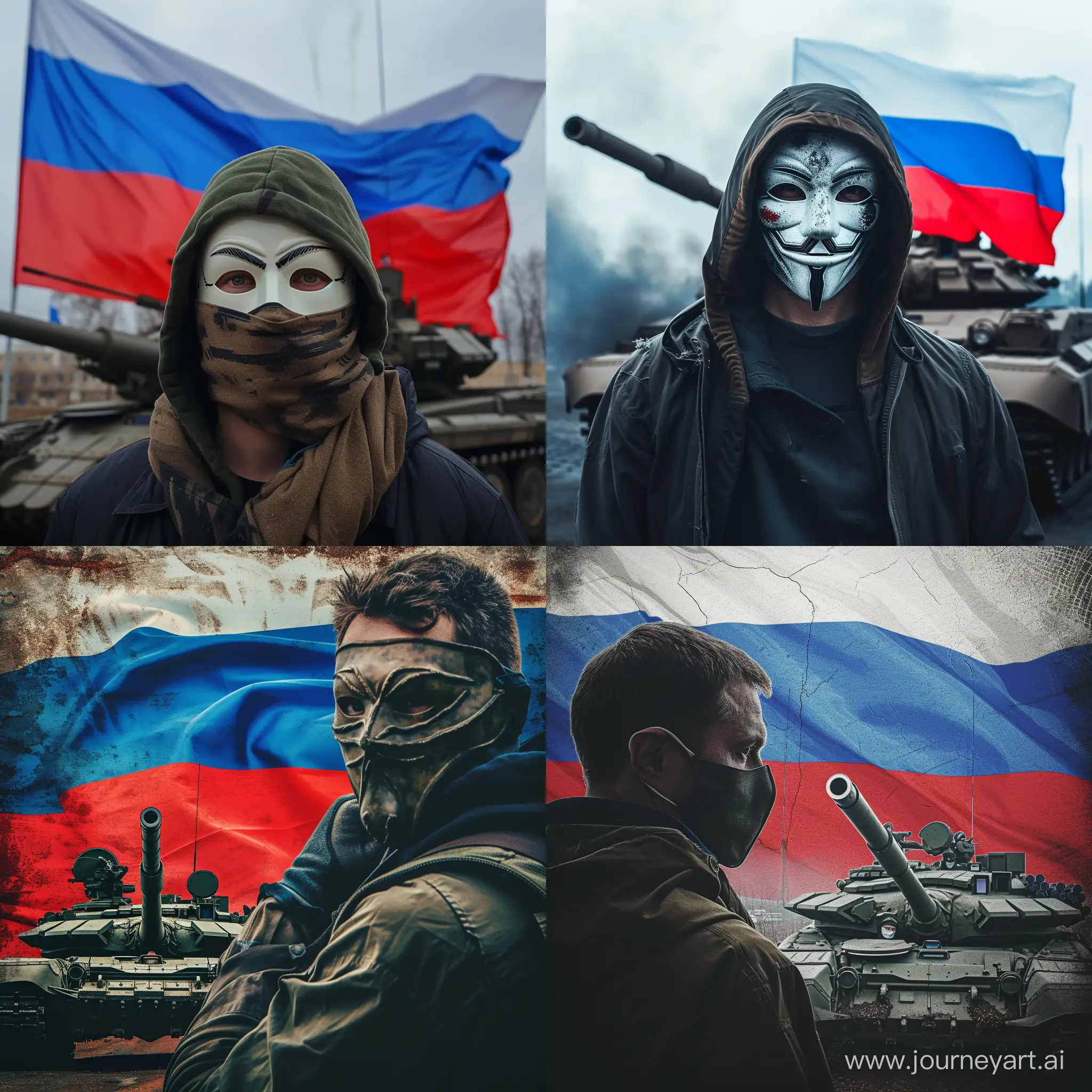 Anonymous-Masked-Man-Against-Russian-Flag-and-Tank