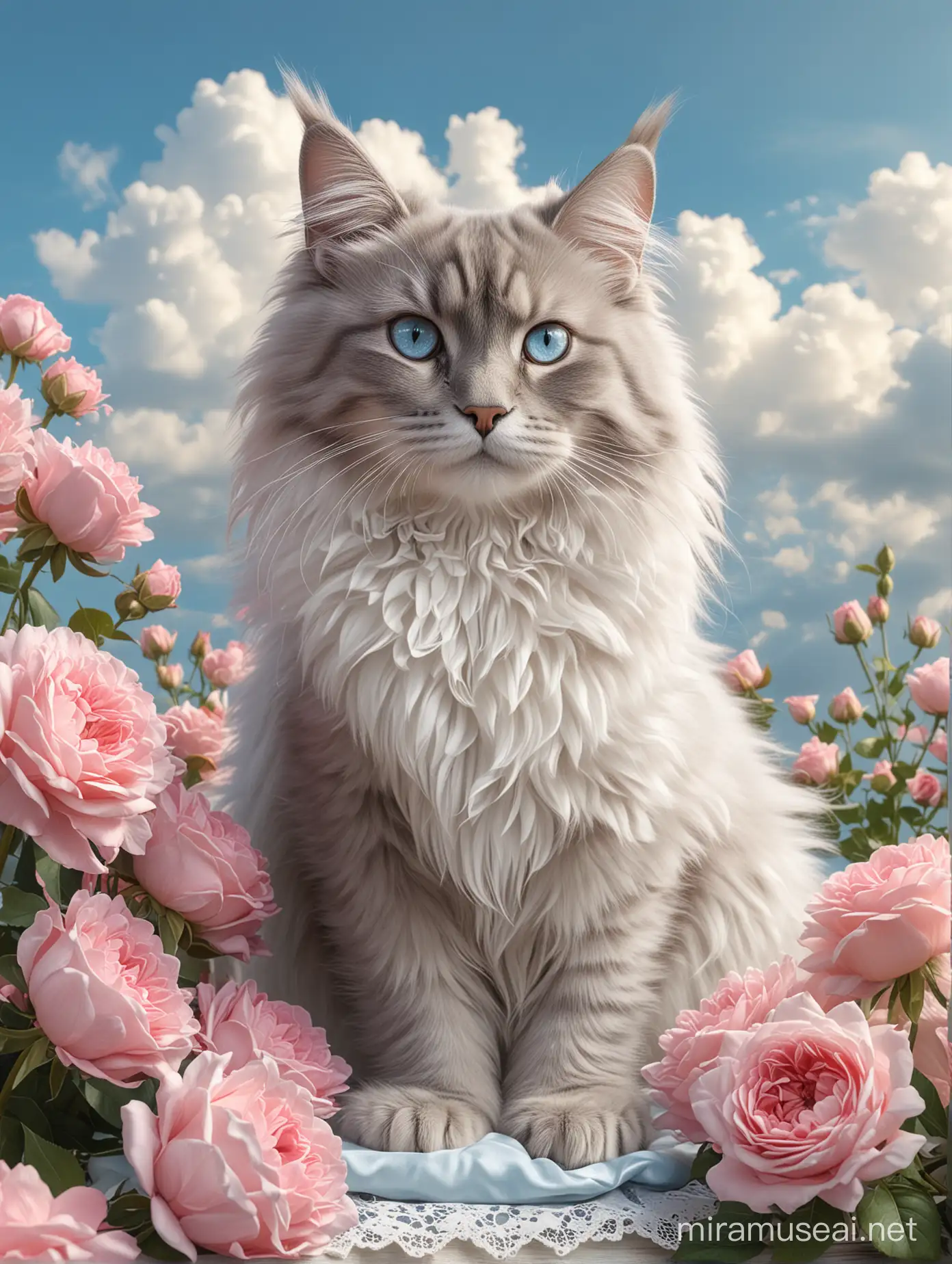 Anthropomorphic, cute grey Maine Coon cat image, light blue eyes, wearing a white princess dress, lace material, a bouquet of 9999 pink roses, the flower house blue sky and white clouds. Photo realistic, ultra detailed, 8k, -ar 3:4