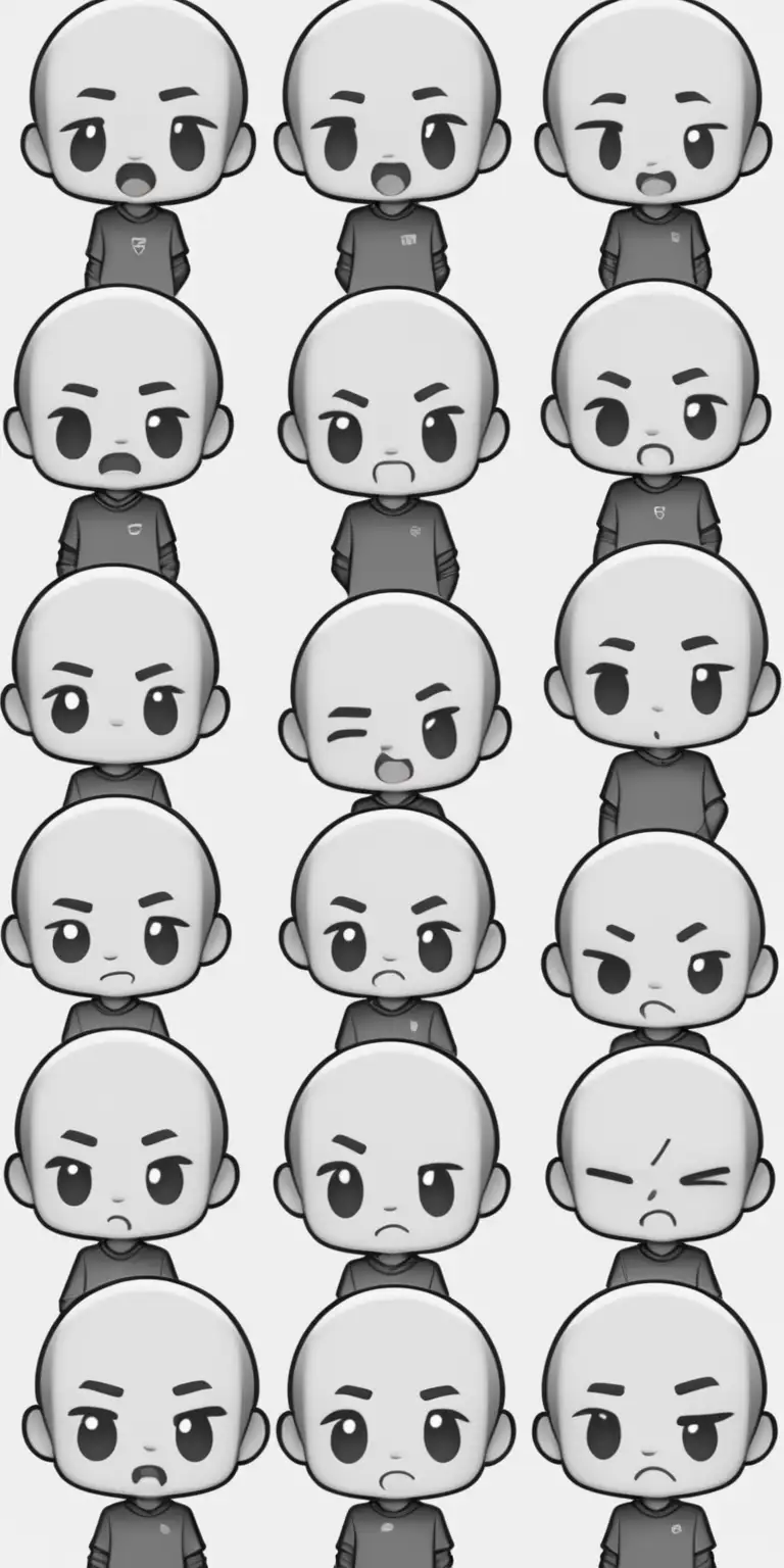  chibi emoji for streaming, set of chibi bases, 4 emotions, expressive, bald, greyscale,
