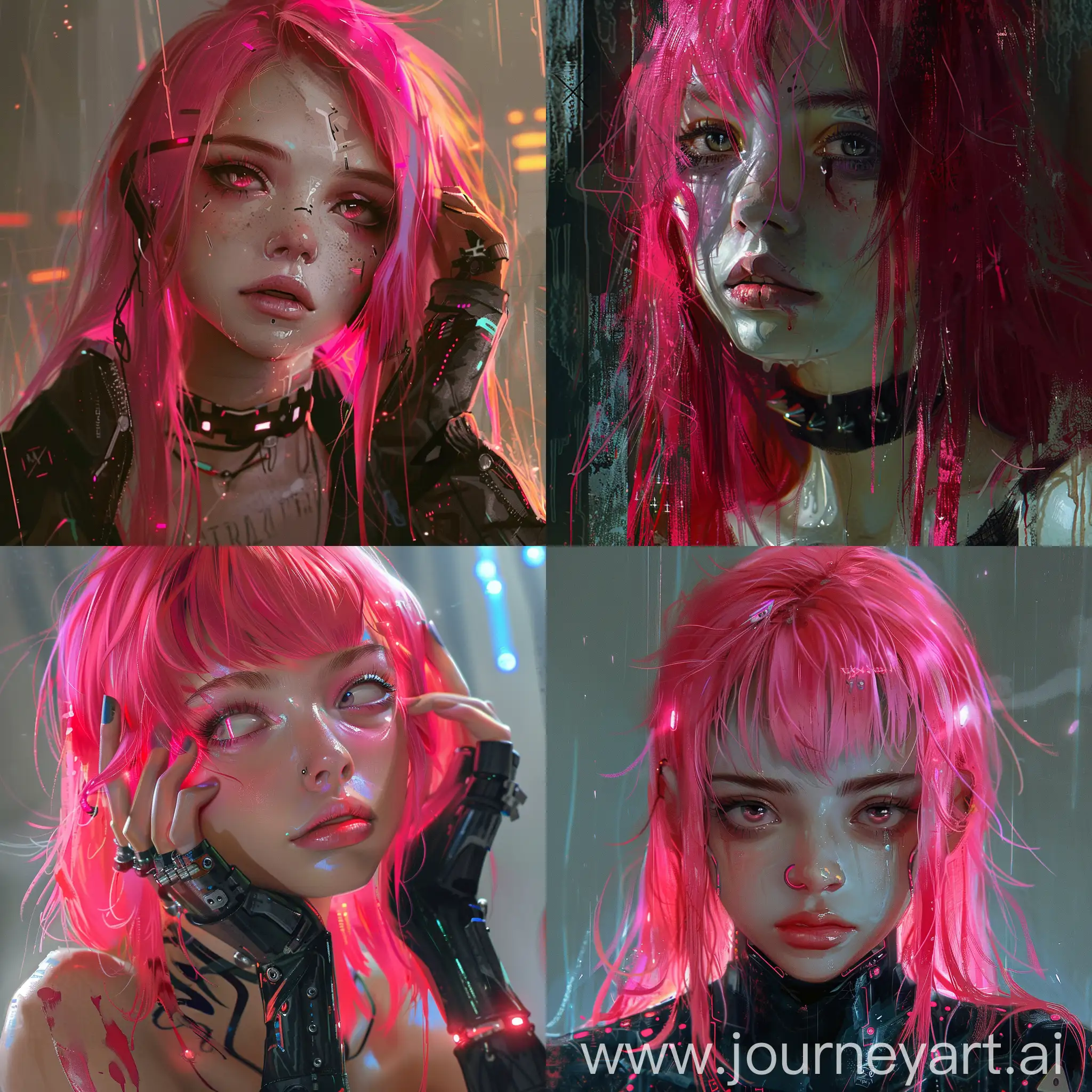 Sad girl 20 years old, passion, beatiful and cute, pink hair, cyberpunk style modern art
 